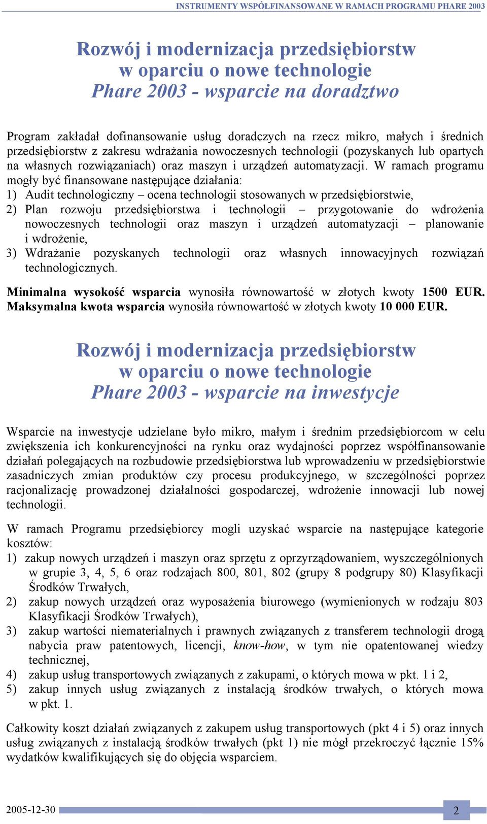 W ramach programu mogły być finansowane następujące działania: 1) Audit technologiczny ocena technologii stosowanych w przedsiębiorstwie, 2) Plan rozwoju przedsiębiorstwa i technologii przygotowanie