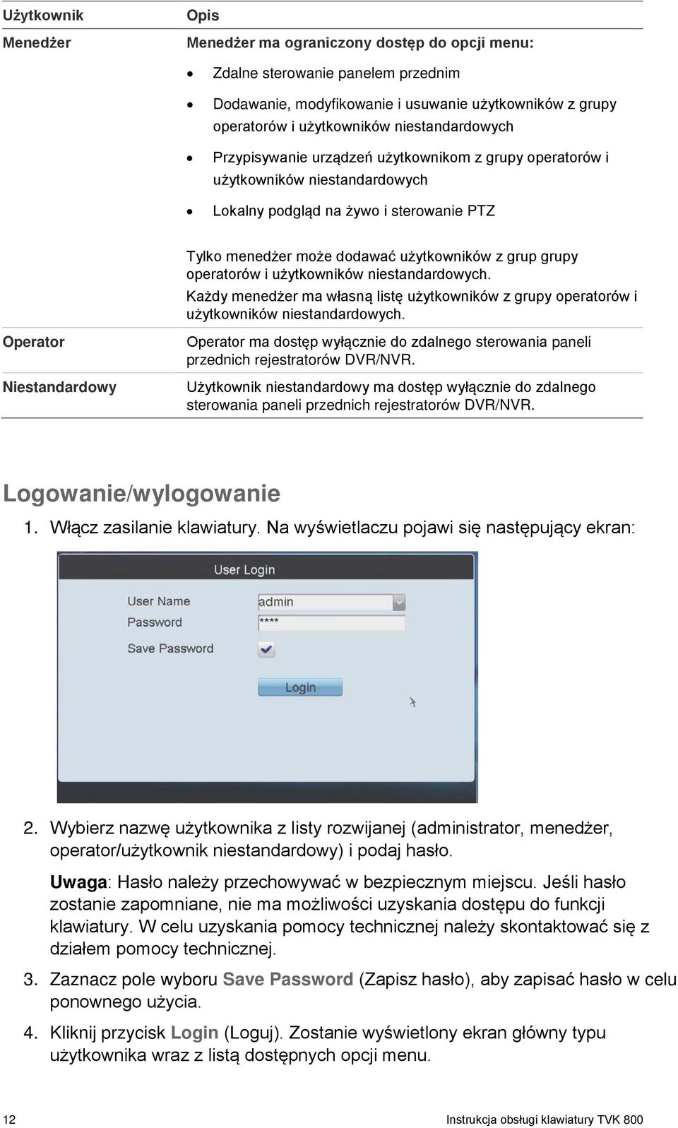 operatorów i użytkowników niestandardowych. Każdy menedżer ma własną listę użytkowników z grupy operatorów i użytkowników niestandardowych.