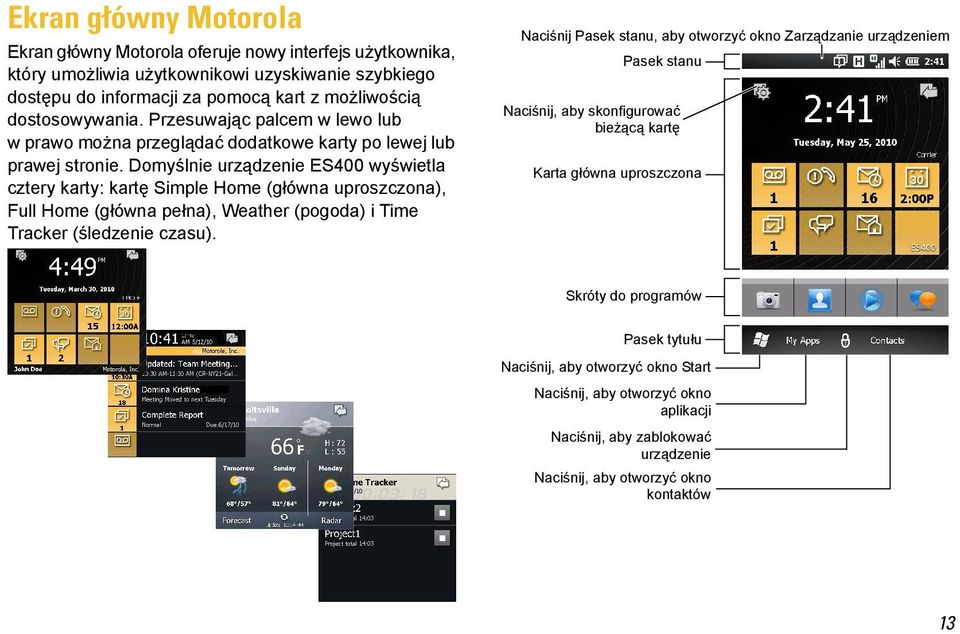 Domyślnie urządzenie ES400 wyświetla cztery karty: kartę Simple Home (główna uproszczona), Full Home (główna pełna), Weather (pogoda) i Time Tracker (śledzenie czasu).