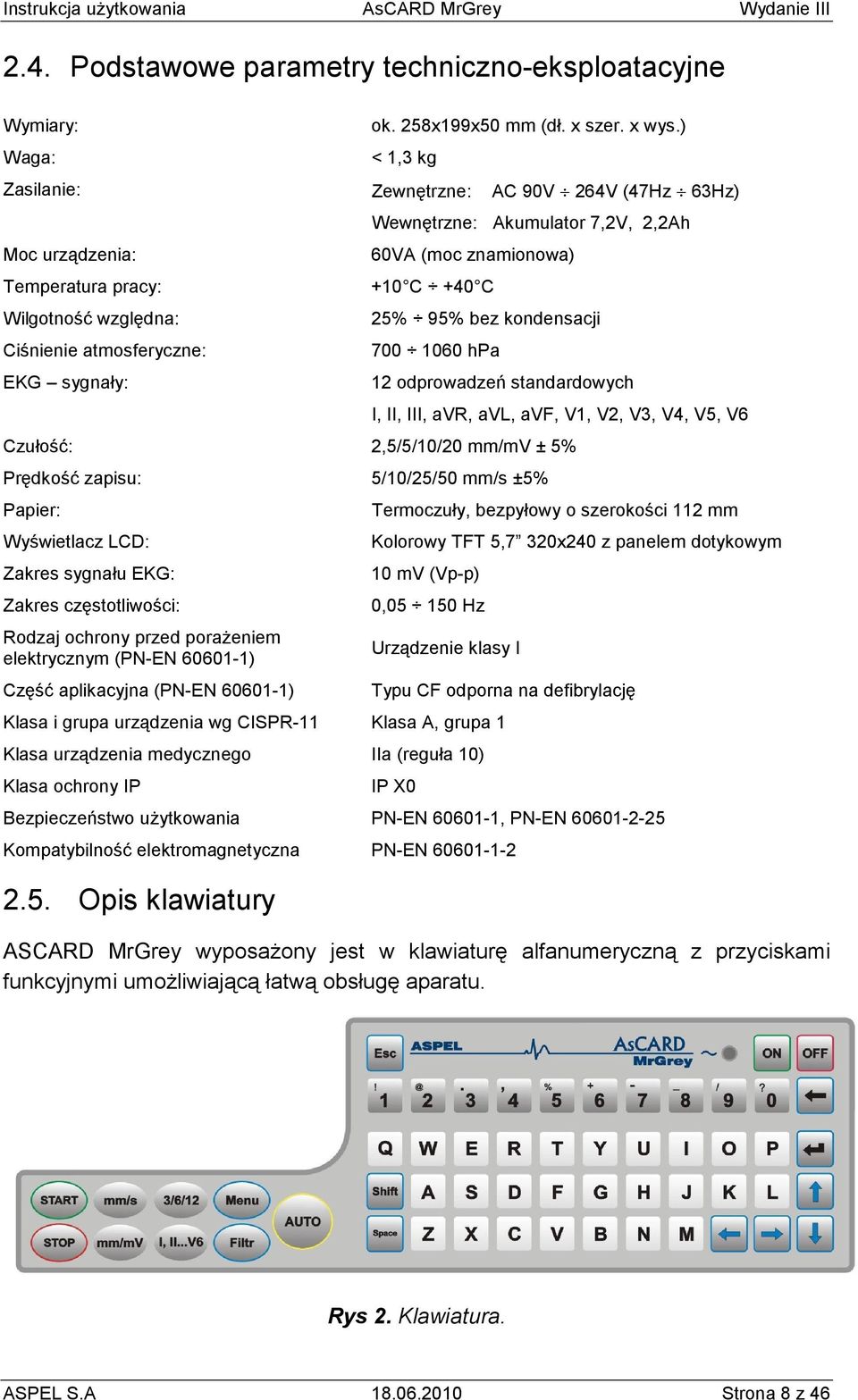 znamionowa) +10 C +40 C 25% 95% bez kondensacji 700 1060 hpa 12 odprowadzeń standardowych I, II, III, avr, avl, avf, V1, V2, V3, V4, V5, V6 Czułość: 2,5/5/10/20 mm/mv ± 5% Prędkość zapisu: 5/10/25/50