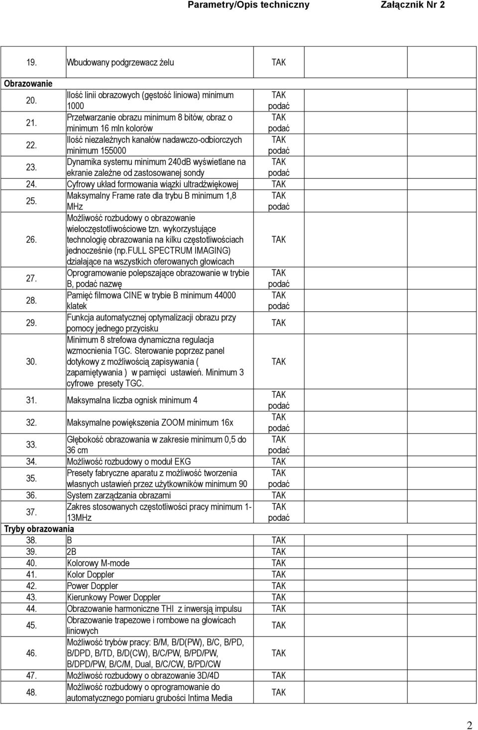 Cyfrowy układ formowania wiązki ultradźwiękowej 25. Maksymalny Frame rate dla trybu B minimum 1,8 MHz 26. Możliwość rozbudowy o obrazowanie wieloczęstotliwościowe tzn.