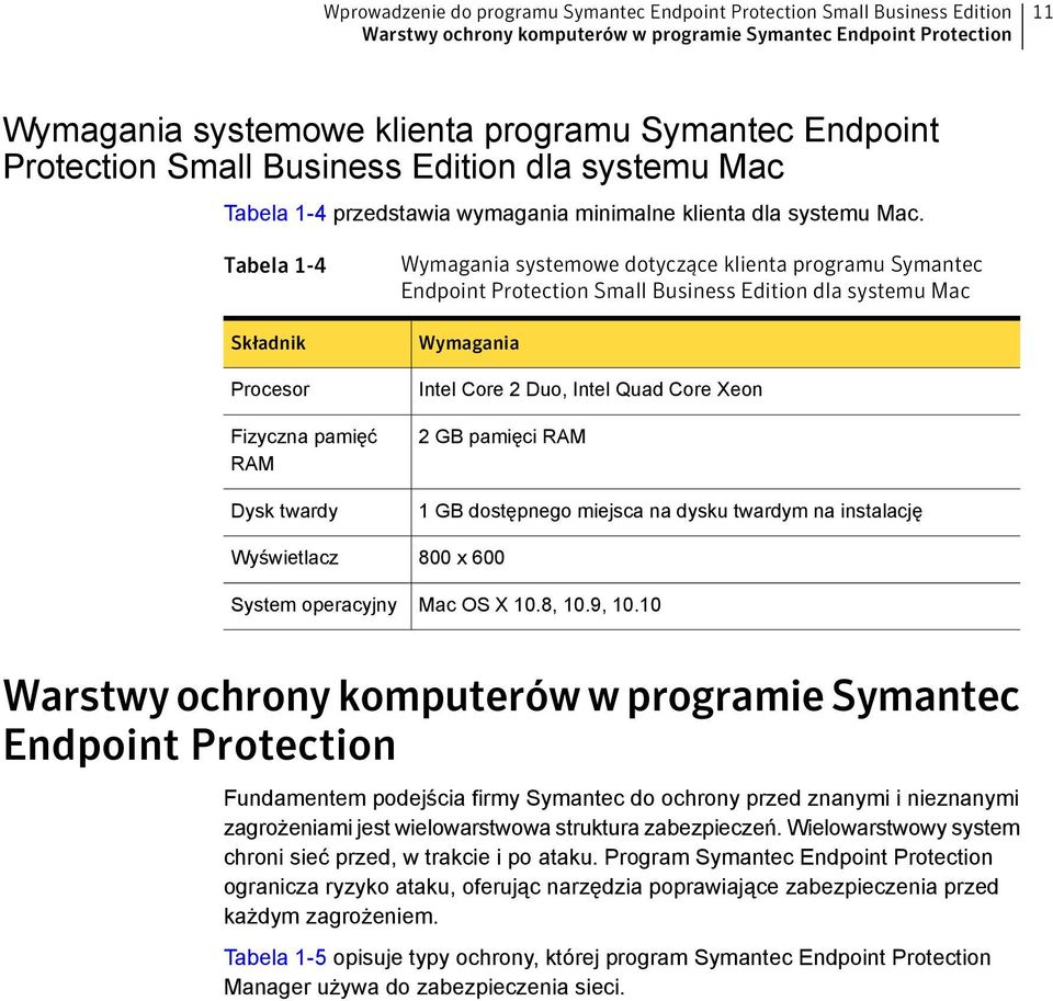 Tabela 1-4 Składnik Procesor Fizyczna pamięć RAM Dysk twardy Wyświetlacz Wymagania systemowe dotyczące klienta programu Symantec Endpoint Protection Small Business Edition dla systemu Mac Wymagania