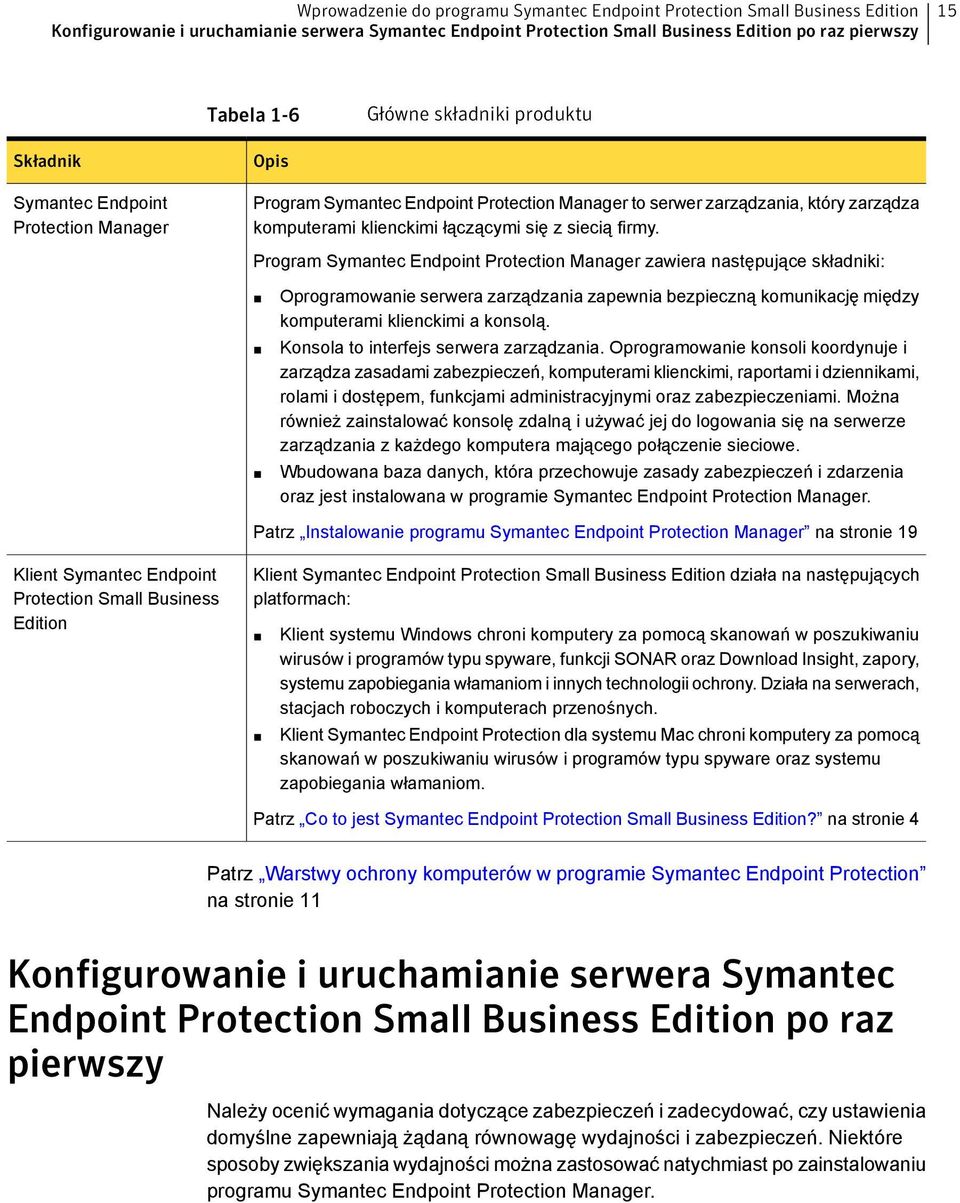 Program Symantec Endpoint Protection Manager zawiera następujące składniki: Oprogramowanie serwera zarządzania zapewnia bezpieczną komunikację między komputerami klienckimi a konsolą.