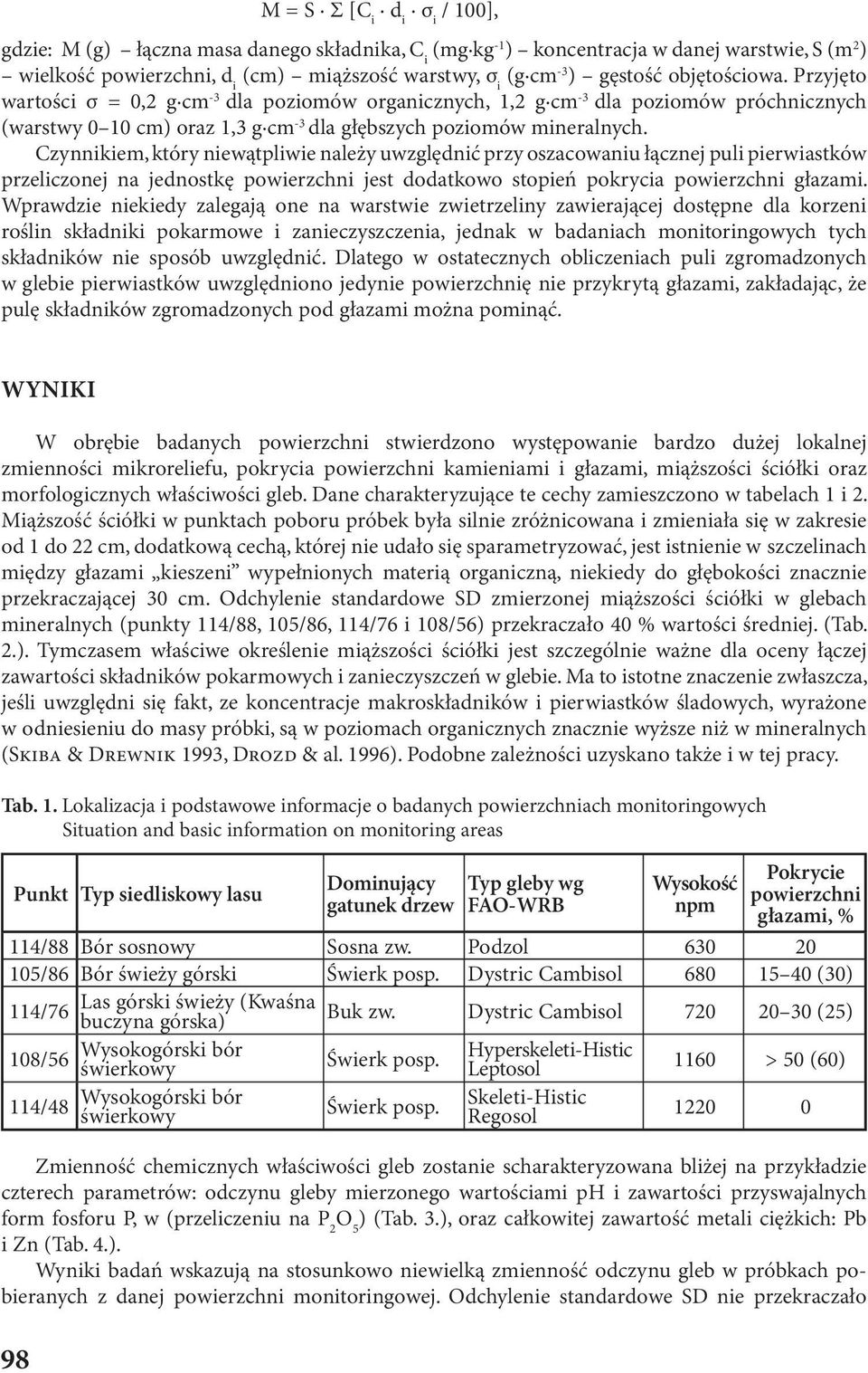 Czynnikiem, który niewątpliwie należy uwzględnić przy oszacowaniu łącznej puli pierwiastków przeliczonej na jednostkę powierzchni jest dodatkowo stopień pokrycia powierzchni głazami.