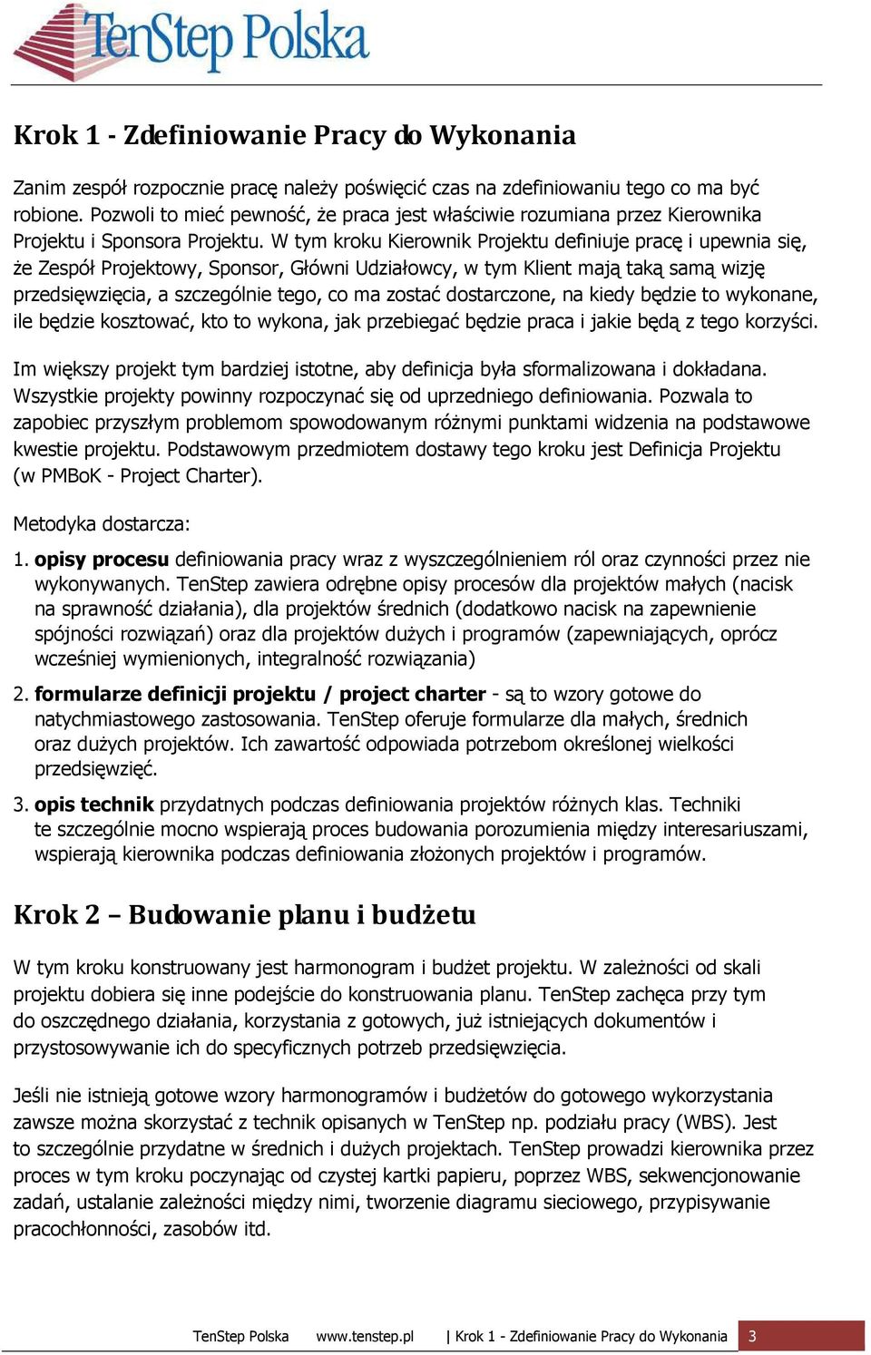 W tym kroku Kierownik Projektu definiuje pracę i upewnia się, Ŝe Zespół Projektowy, Sponsor, Główni Udziałowcy, w tym Klient mają taką samą wizję przedsięwzięcia, a szczególnie tego, co ma zostać