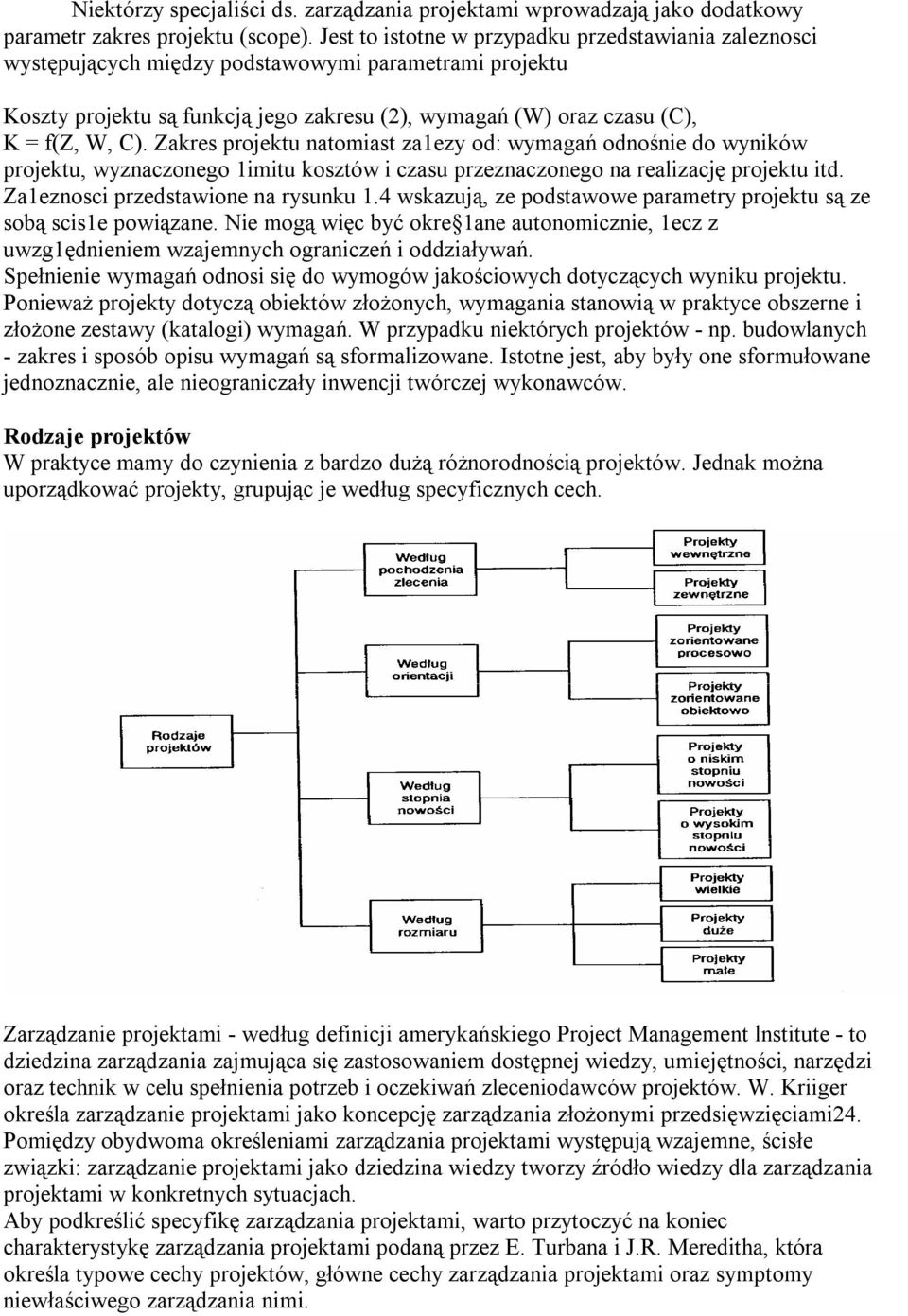 Zakres projektu natomiast za1ezy od: wymagań odnośnie do wyników projektu, wyznaczonego 1imitu kosztów i czasu przeznaczonego na realizację projektu itd. Za1eznosci przedstawione na rysunku 1.