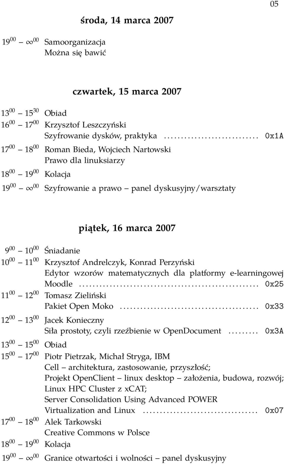 00 10 00 Śniadanie 10 00 11 00 Krzysztof Andrelczyk, Konrad Perzyński Edytor wzorów matematycznych dla platformy e-learningowej Moodle..................................................... 0x25 11 00 12 00 Tomasz Zieliński Pakiet Open Moko.