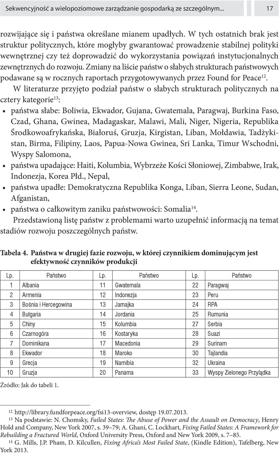 rozwoju. Zmiany na liście państw o słabych strukturach państwowych podawane są w rocznych raportach przygotowywanych przez Found for Peace 12.