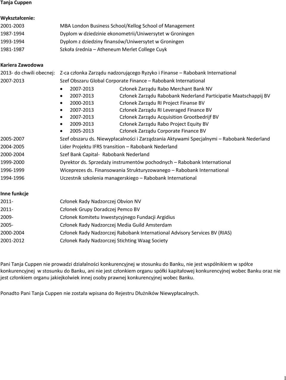 International 2007-2013 Szef Obszaru Global Corporate Finance Rabobank International 2007-2013 Członek Zarządu Rabo Merchant Bank NV 2007-2013 Członek Zarządu Rabobank Nederland Participatie