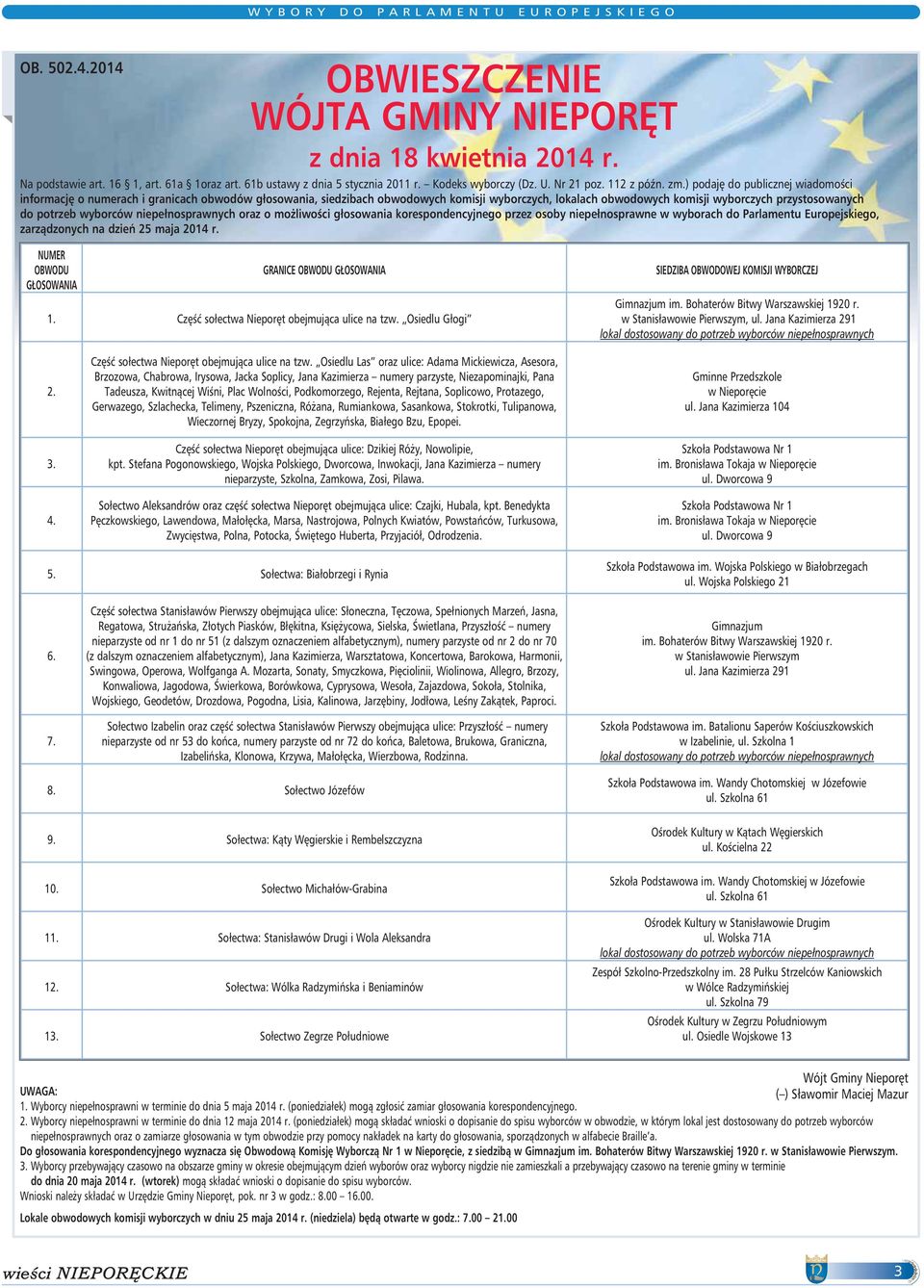 ) podaj do publicznej wiadomoêci informacj o numerach i granicach obwodów głosowania, siedzibach obwodowych komisji wyborczych, lokalach obwodowych komisji wyborczych przystosowanych do potrzeb