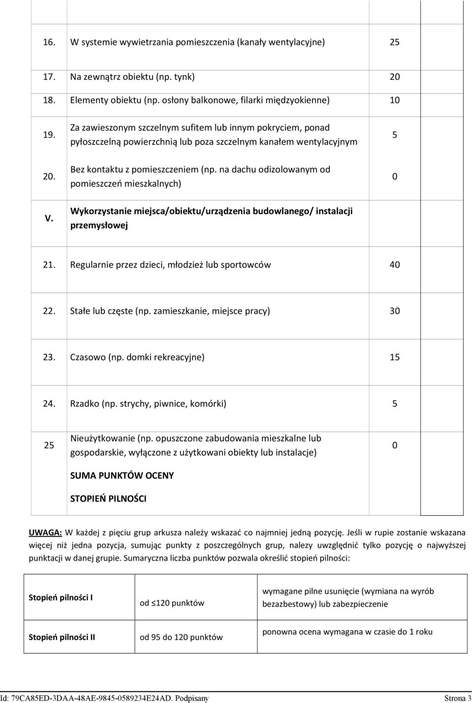 na dachu odizolowanym od pomieszczeń mieszkalnych) 0 V. Wykorzystanie miejsca/obiektu/urządzenia budowlanego/ instalacji przemysłowej 21. Regularnie przez dzieci, młodzież lub sportowców 40 22.