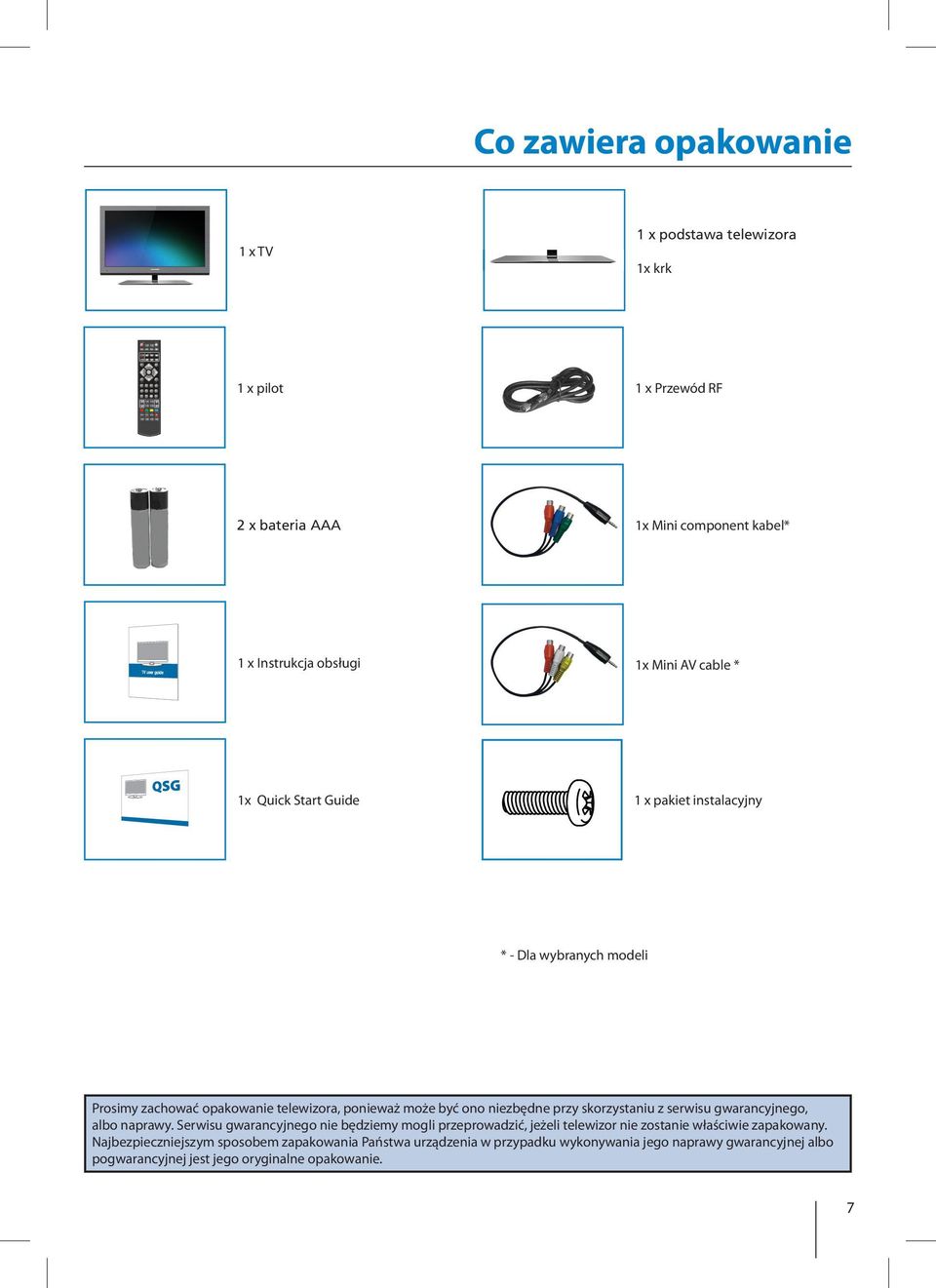 component kabel* 1 x Instrukcja obsługi 1x Mini AV cable * 1x Quick Start Guide 1 x pakiet instalacyjny * - Dla wybranych modeli Prosimy zachować opakowanie telewizora, ponieważ może być ono