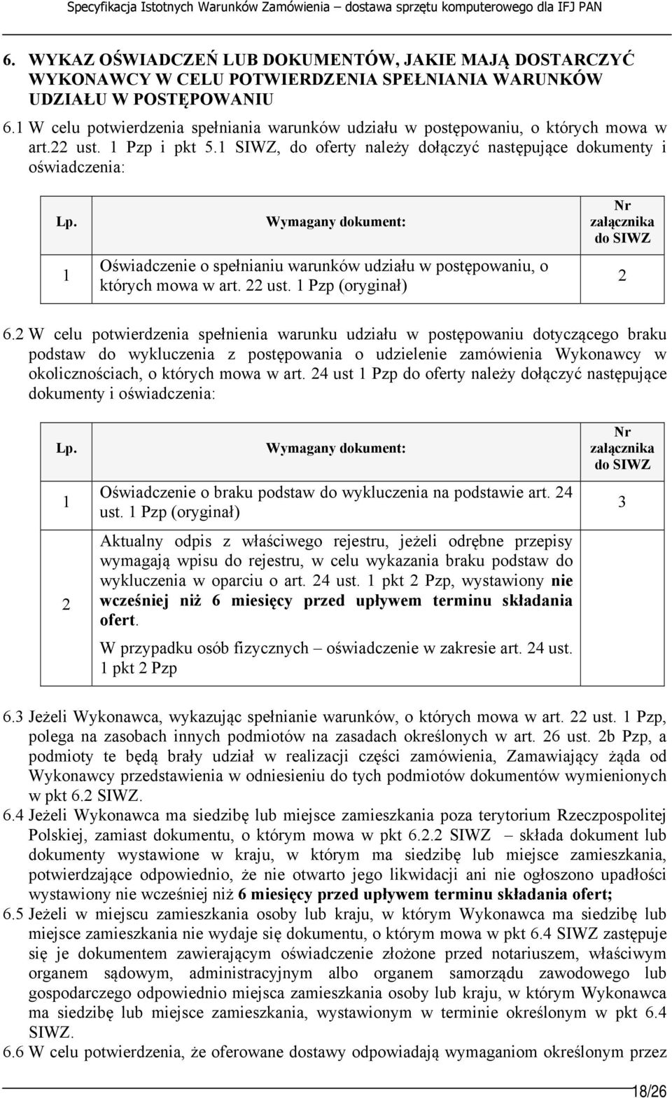 1 Wymagany dokument: Oświadczenie o spełnianiu warunków udziału w postępowaniu, o których mowa w art. 22 ust. 1 Pzp (oryginał) Nr załącznika do SIWZ 2 6.