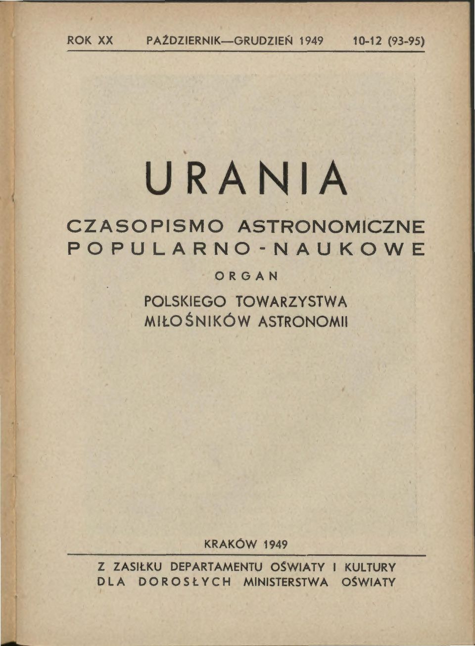 TOWARZYSTWA MIŁOŚNIKÓW ASTRONOMil KRAKÓW 1949 Z ZASIŁKU