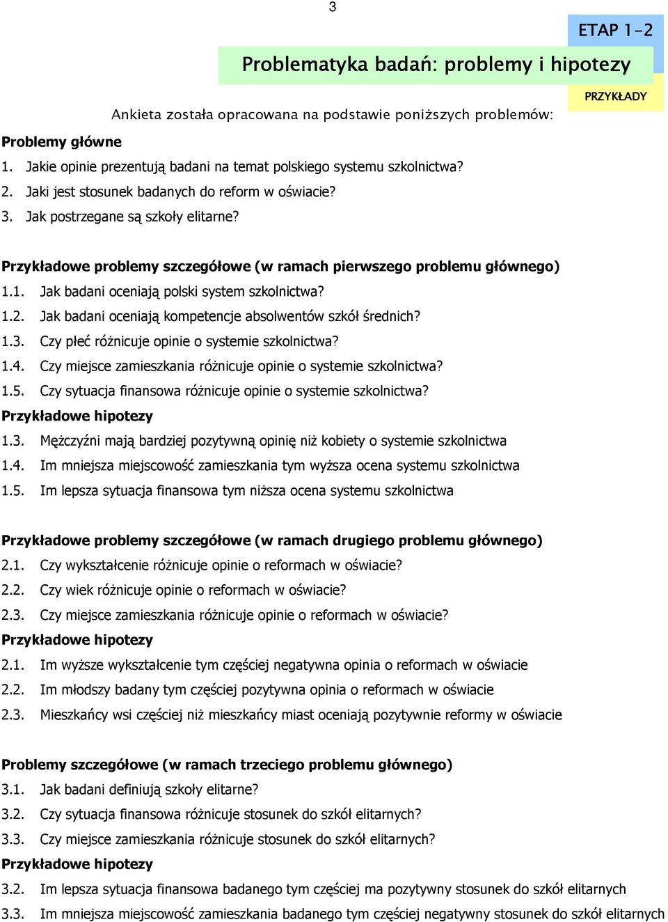 Przykładowe problemy szczegółowe (w ramach pierwszego problemu głównego) 1.1. Jak badani oceniają polski system szkolnictwa? 1.2. Jak badani oceniają kompetencje absolwentów szkół średnich? 1.3.