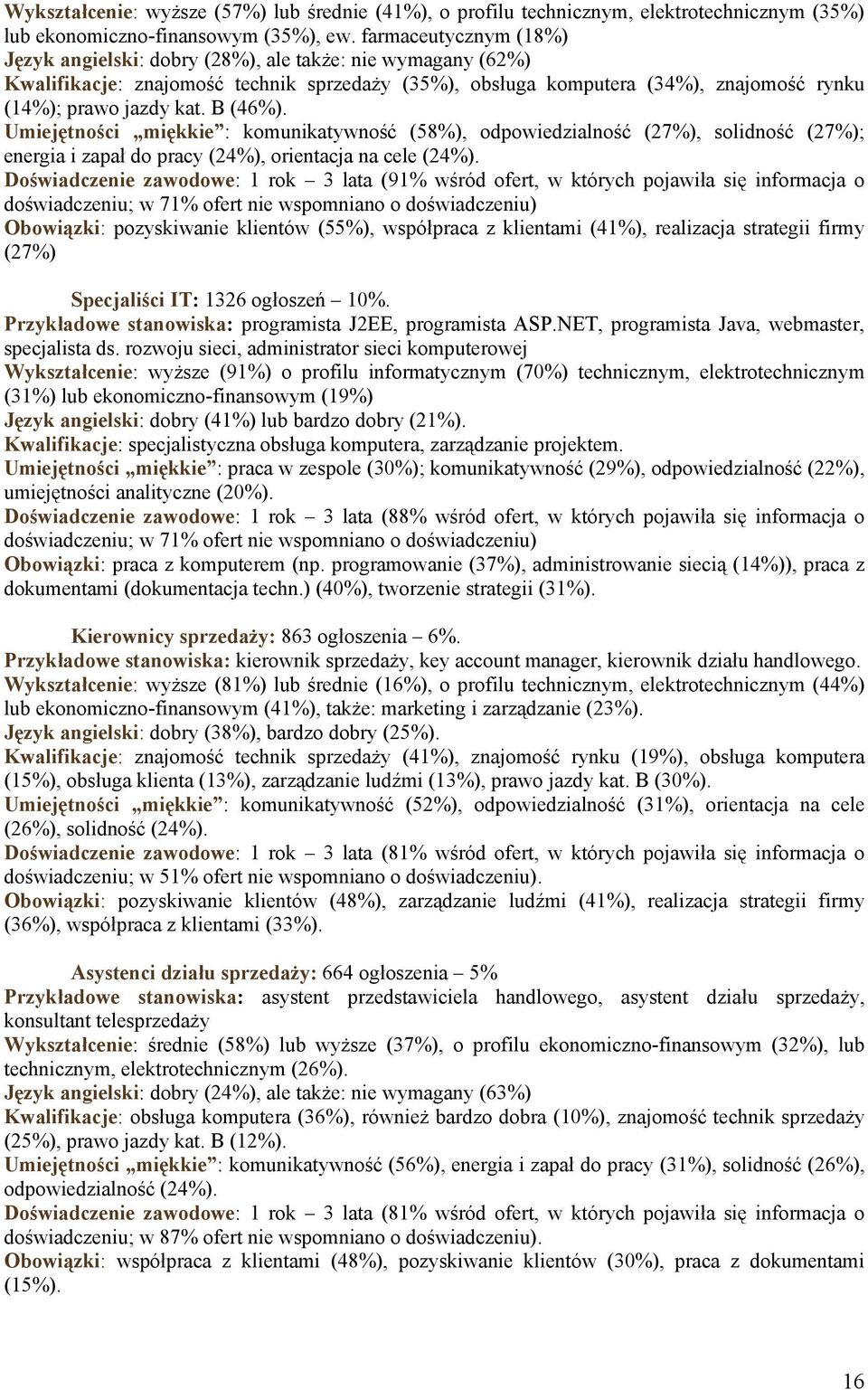 B (46%). Umiejętności miękkie : komunikatywność (58%), odpowiedzialność (27%), solidność (27%); energia i zapał do pracy (24%), orientacja na cele (24%).