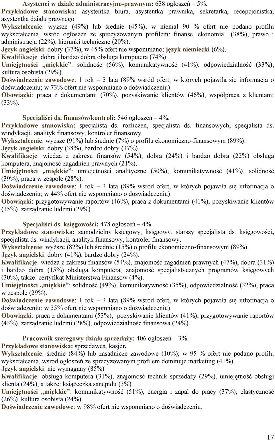 profilu wykształcenia, wśród ogłoszeń ze sprecyzowanym profilem: finanse, ekonomia (38%), prawo i administracja (22%), kierunki techniczne (20%).