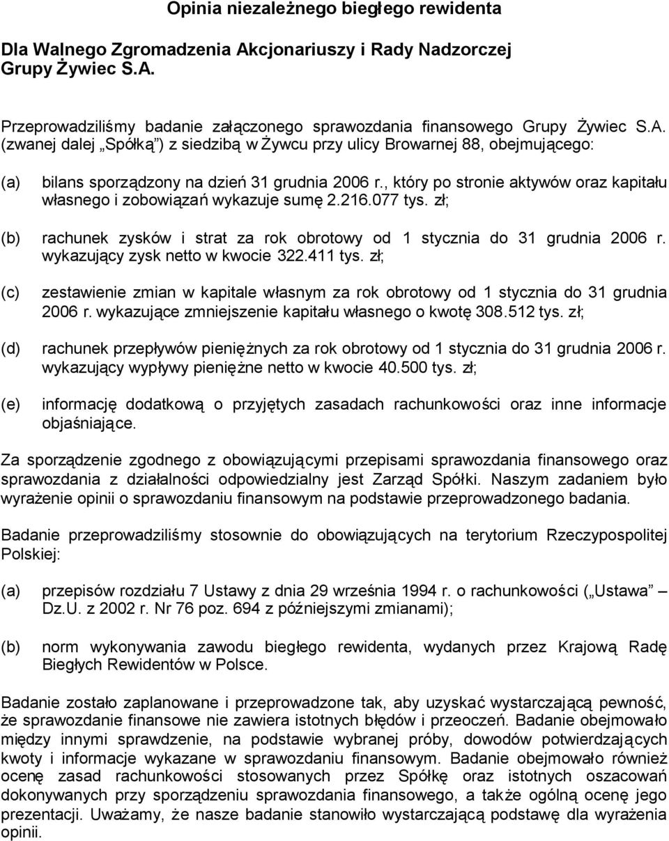 411 ; (c) zestawienie zmian w kapitale własnym za rok obrotowy od 1 stycznia do 31 grudnia 2006 r. wykazujące zmniejszenie kapitału własnego o kwotę308.