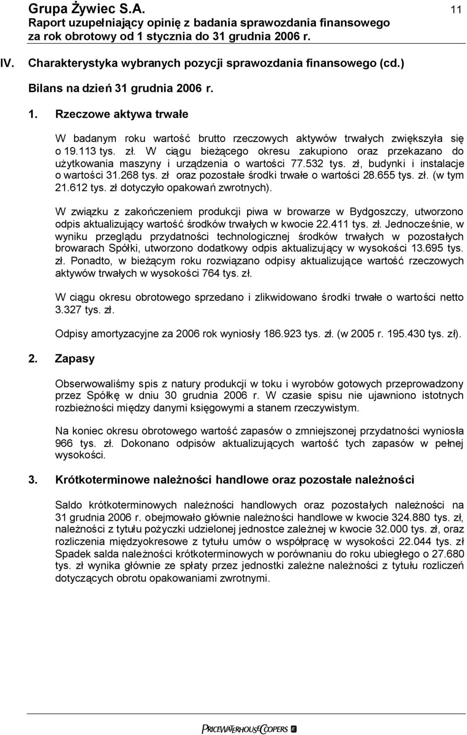 (w tym 21.612 dotyczyło opakowańzwrotnych). W związku z zakończeniem produkcji piwa w browarze w Bydgoszczy, utworzono odpis aktualizujący wartośćśrodków trwałych w kwocie 22.411.