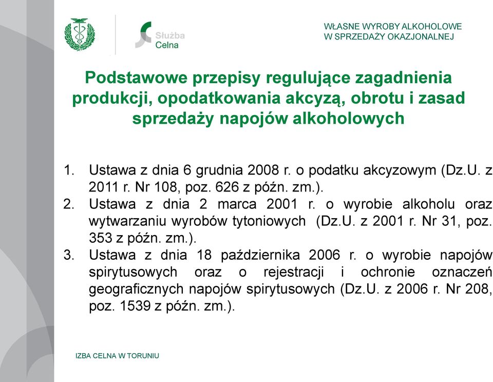 o wyrobie alkoholu oraz wytwarzaniu wyrobów tytoniowych (Dz.U. z 2001 r. Nr 31, poz. 353 z późn. zm.). 3. Ustawa z dnia 18 października 2006 r.