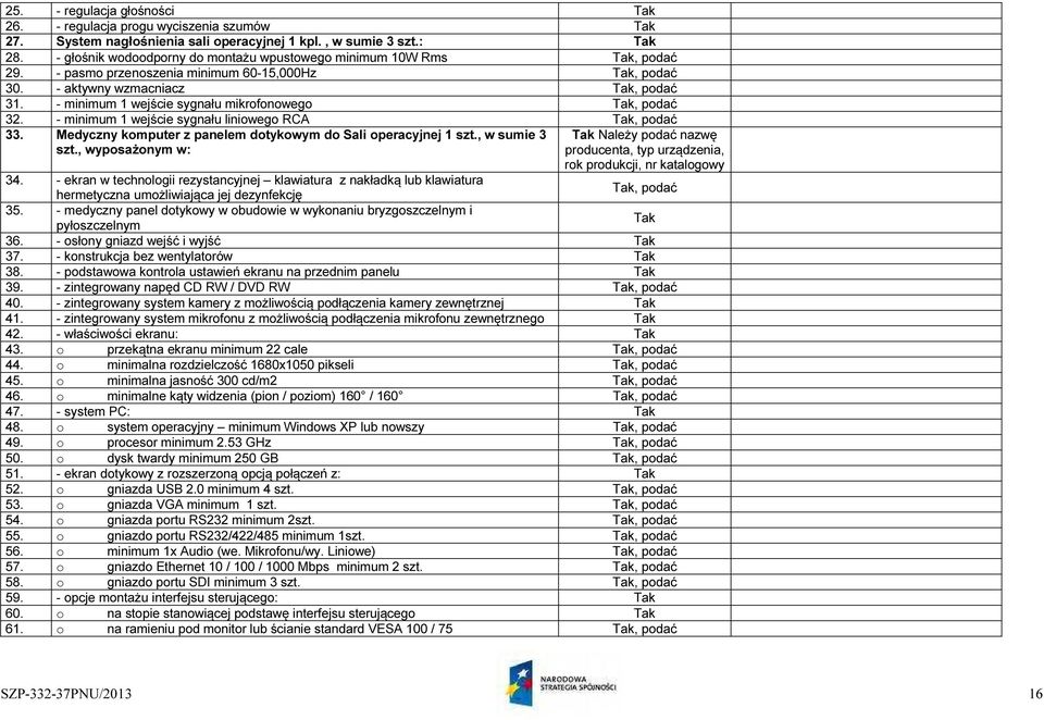 - minimum 1 wejście sygnału mikrofonowego, podać 32. - minimum 1 wejście sygnału liniowego RCA, podać 33. Medyczny komputer z panelem dotykowym do Sali operacyjnej 1 szt., w sumie 3 szt.