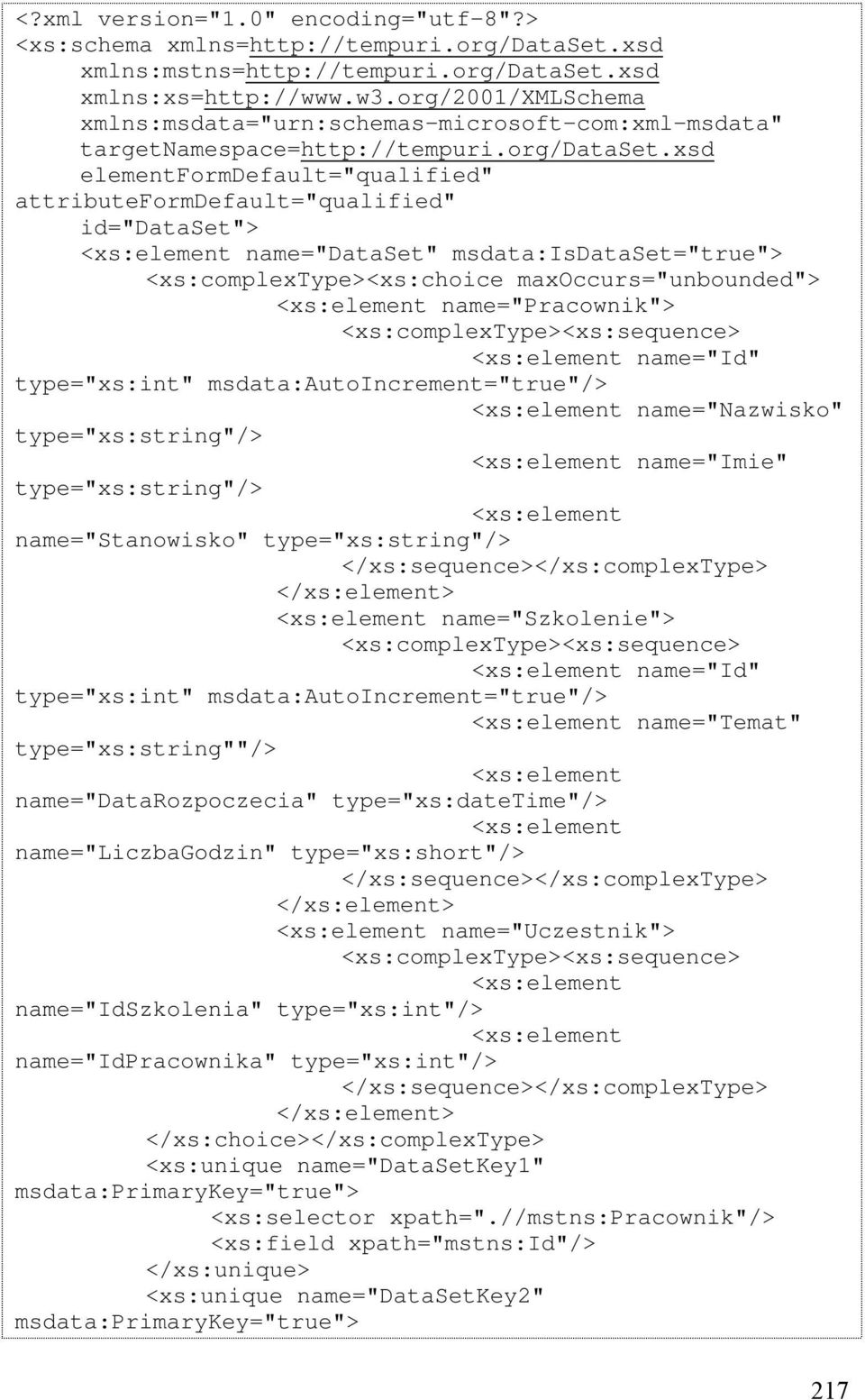 xsd elementformdefault="qualified" attributeformdefault="qualified" id="dataset"> <xs:element name="dataset" msdata:isdataset="true"> <xs:complextype><xs:choice maxoccurs="unbounded"> <xs:element