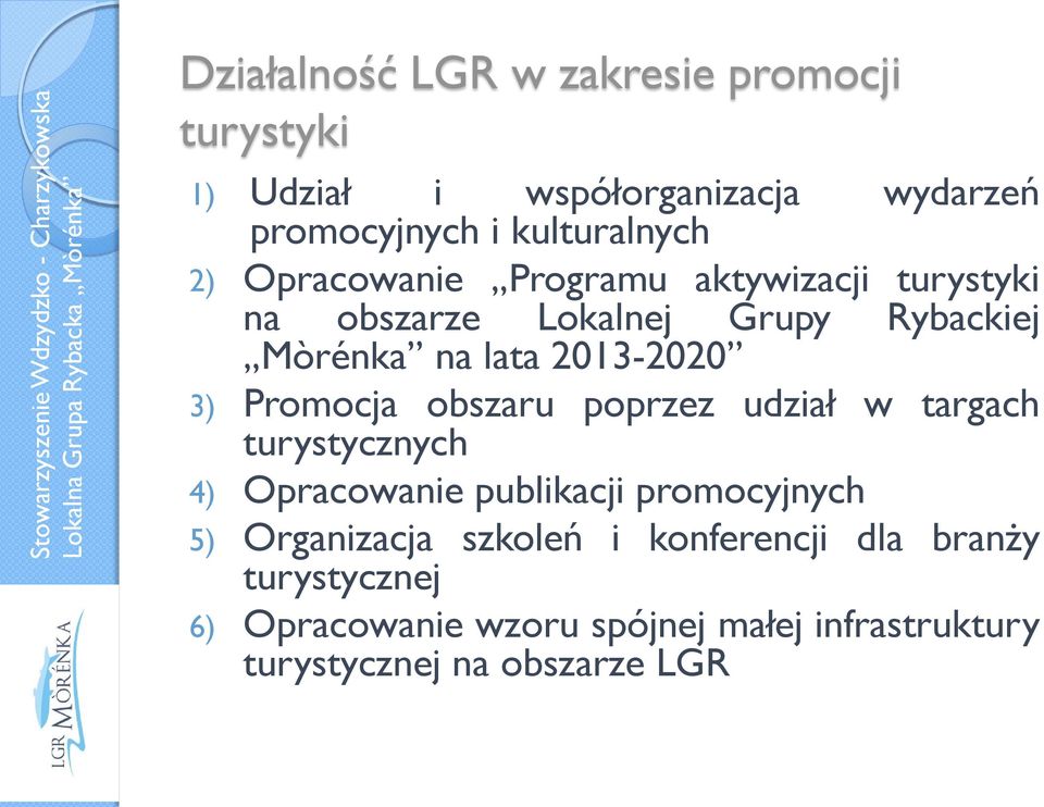 Promocja obszaru poprzez udział w targach turystycznych 4) Opracowanie publikacji promocyjnych 5) Organizacja