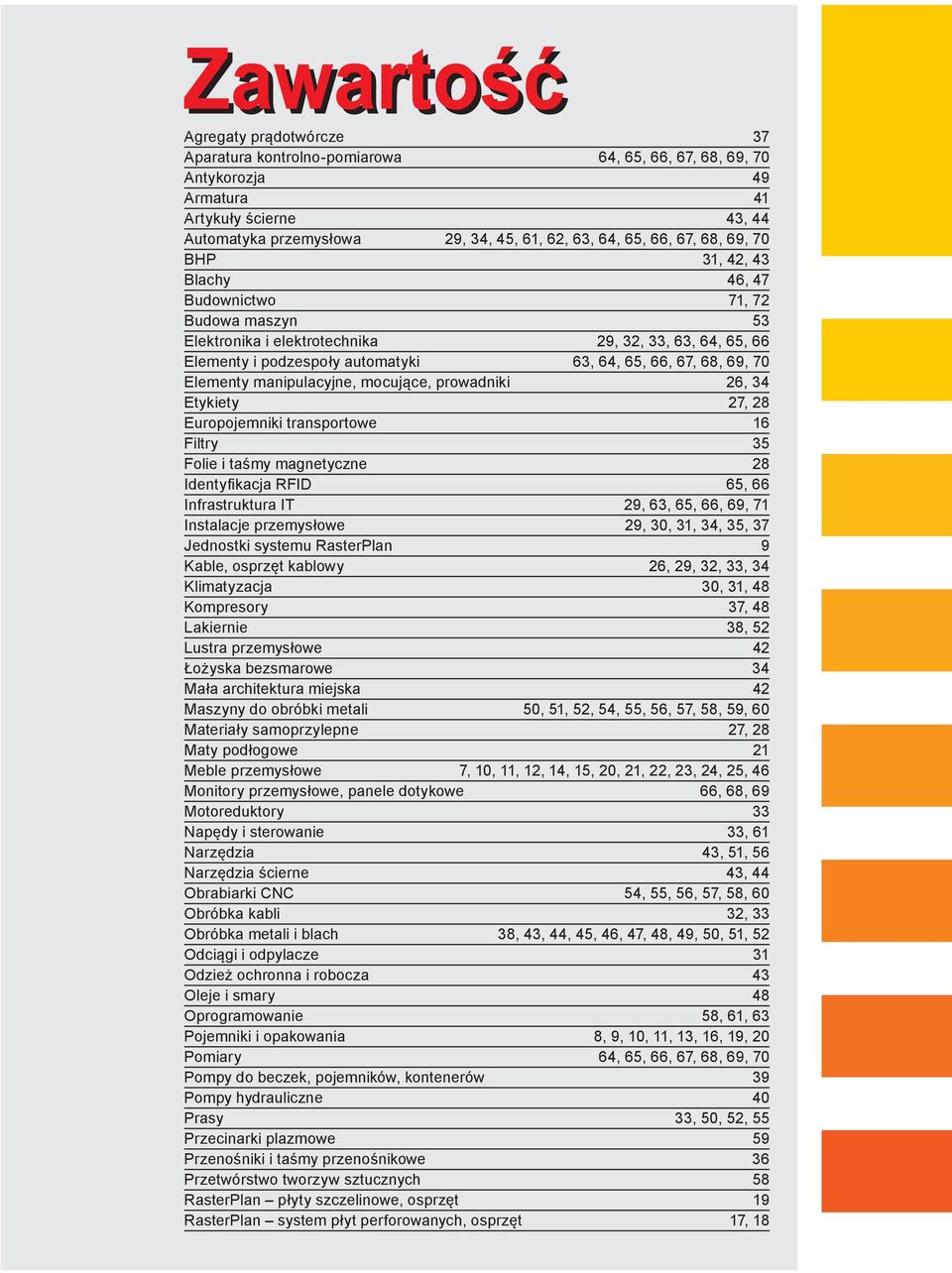 Elementy manipulacyjne, mocujące, prowadniki 26, 34 Etykiety 27, 28 Europojemniki transportowe 16 Filtry 35 Folie i taśmy magnetyczne 28 Identyfikacja RFID 65, 66 Infrastruktura IT 29, 63, 65, 66,