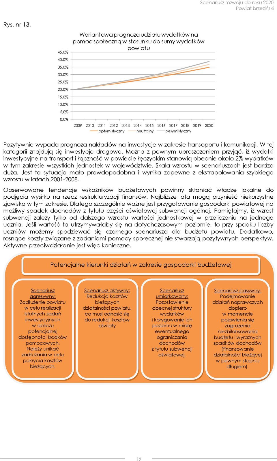 2019 2020 optymistyczny neutralny pesymistyczny Pozytywnie wypada prognoza nakładów na inwestycje w zakresie transoportu i komunikacji. W tej kategorii znajdują się inwestycje drogowe.