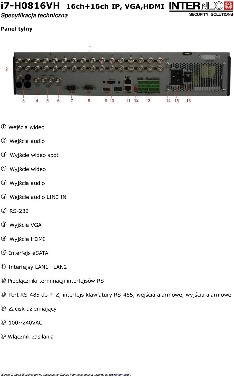 LAN1 i LAN2 12 Przełączniki terminacji interfejsów RS 13 Port RS-485 do PTZ, interfejs klawiatury