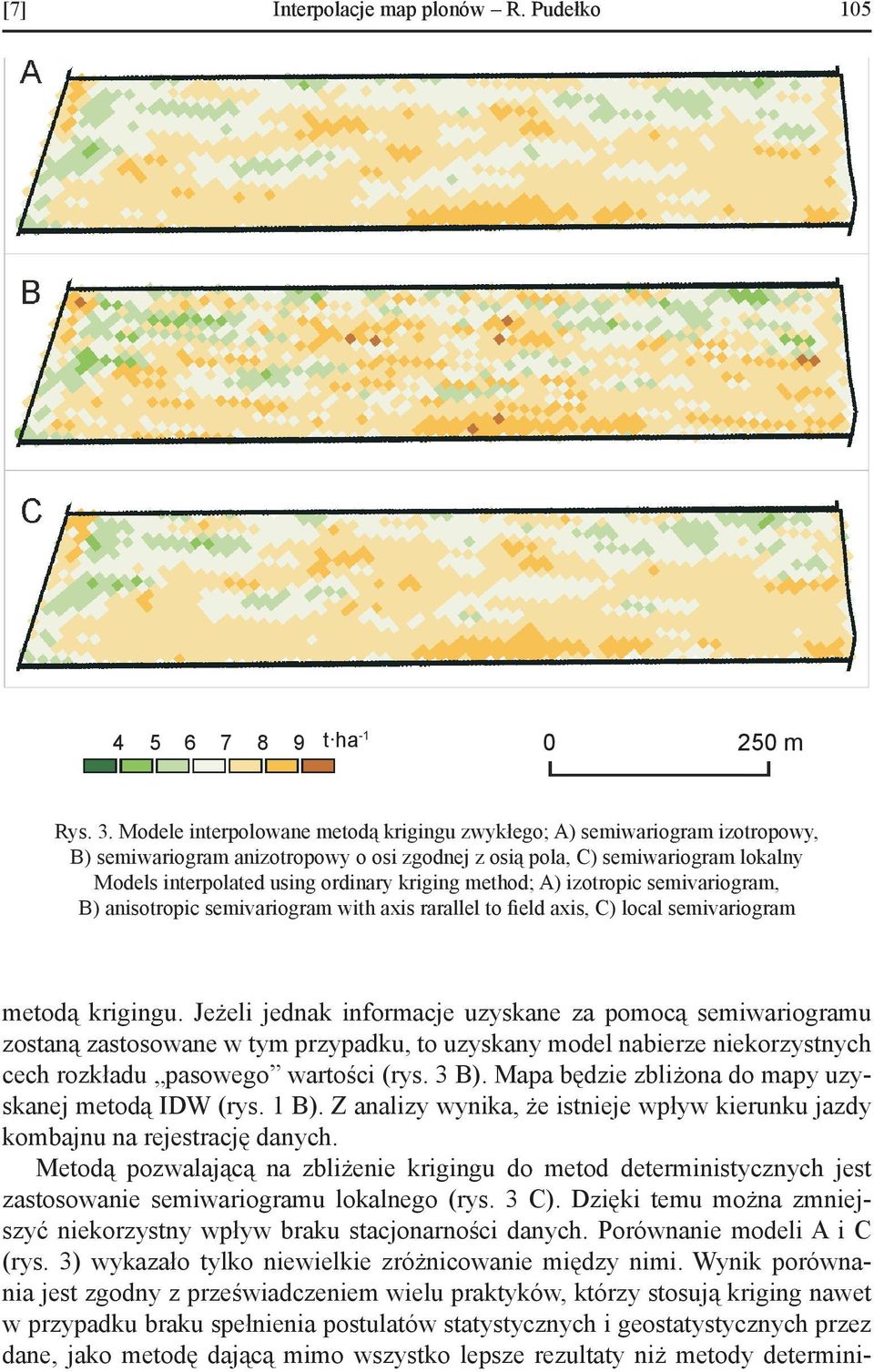 kriging method; A) izotropic semivariogram, B) anisotropic semivariogram with axis rarallel to field axis, C) local semivariogram metodą krigingu.