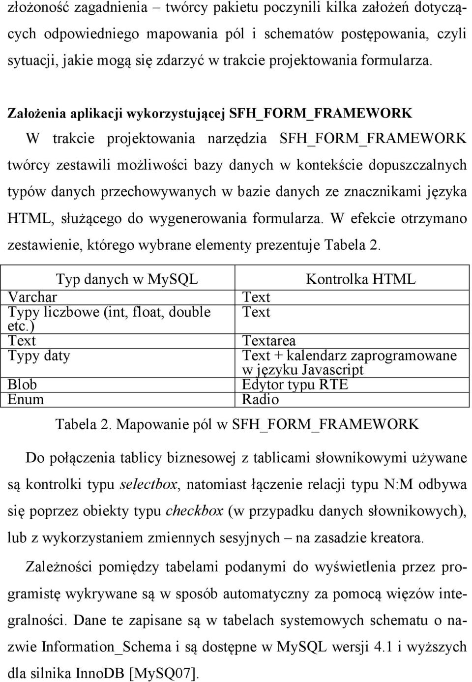 Założenia aplikacji wykorzystującej SFH_FORM_FRAMEWORK W trakcie projektowania narzędzia SFH_FORM_FRAMEWORK twórcy zestawili możliwości bazy danych w kontekście dopuszczalnych typów danych