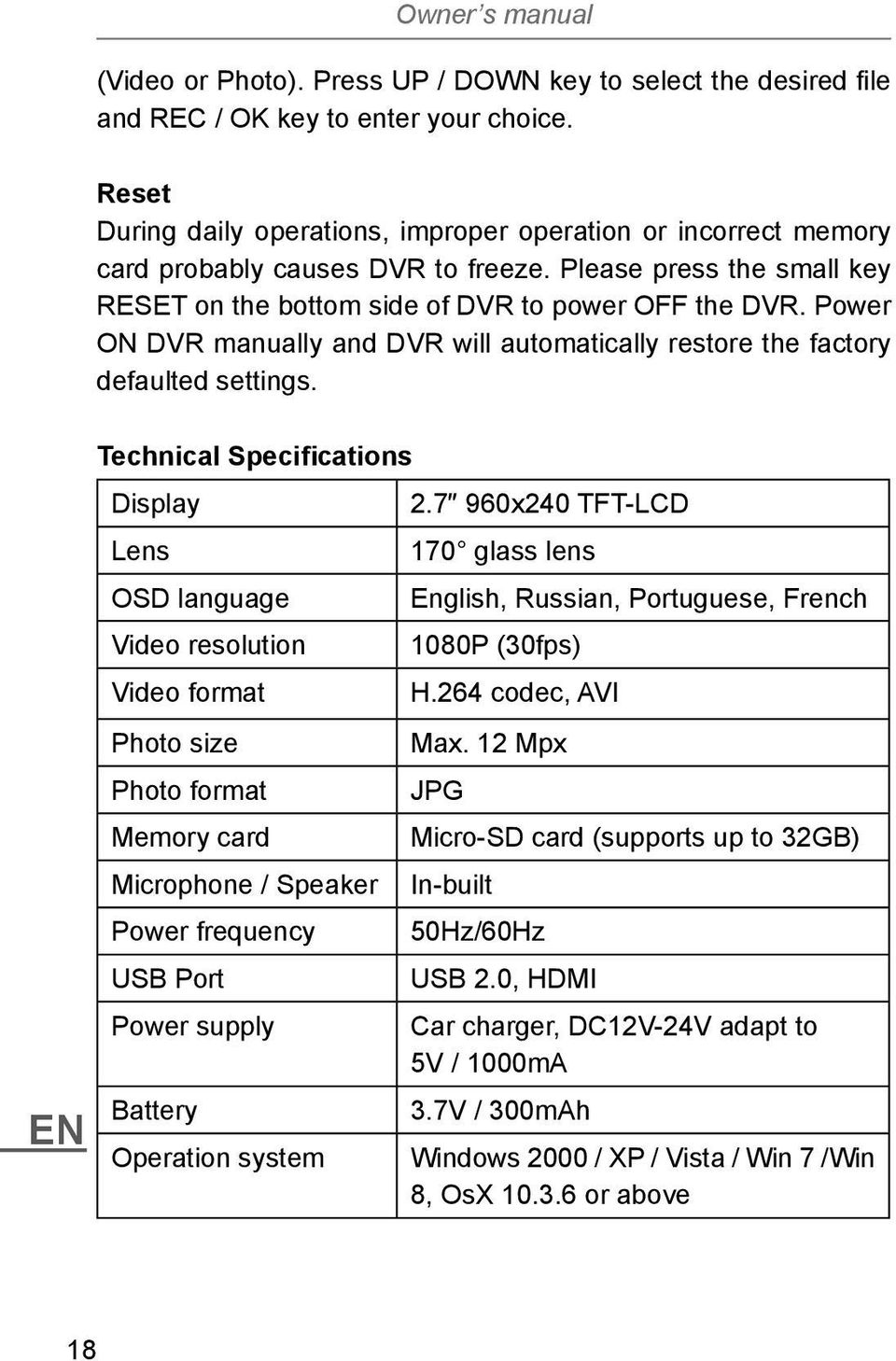 Power ON DVR manually and DVR will automatically restore the factory defaulted settings. EN Technical Specifications Display 2.