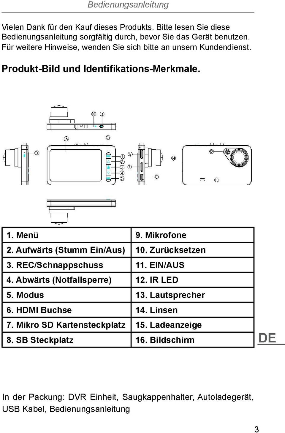 Aufwärts (Stumm Ein/Aus) 10. Zurücksetzen 3. REC/Schnappschuss 11. EIN/AUS 4. Abwärts (Notfallsperre) 12. IR LED 5. Modus 13. Lautsprecher 6. HDMI Buchse 14.