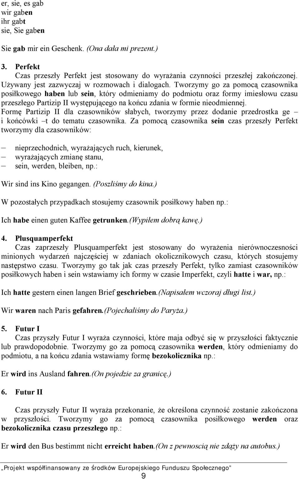 Tworzymy go za pomocą czasownika posiłkowego haben lub sein, który odmieniamy do podmiotu oraz formy imiesłowu czasu przeszłego Partizip II występującego na końcu zdania w formie nieodmiennej.