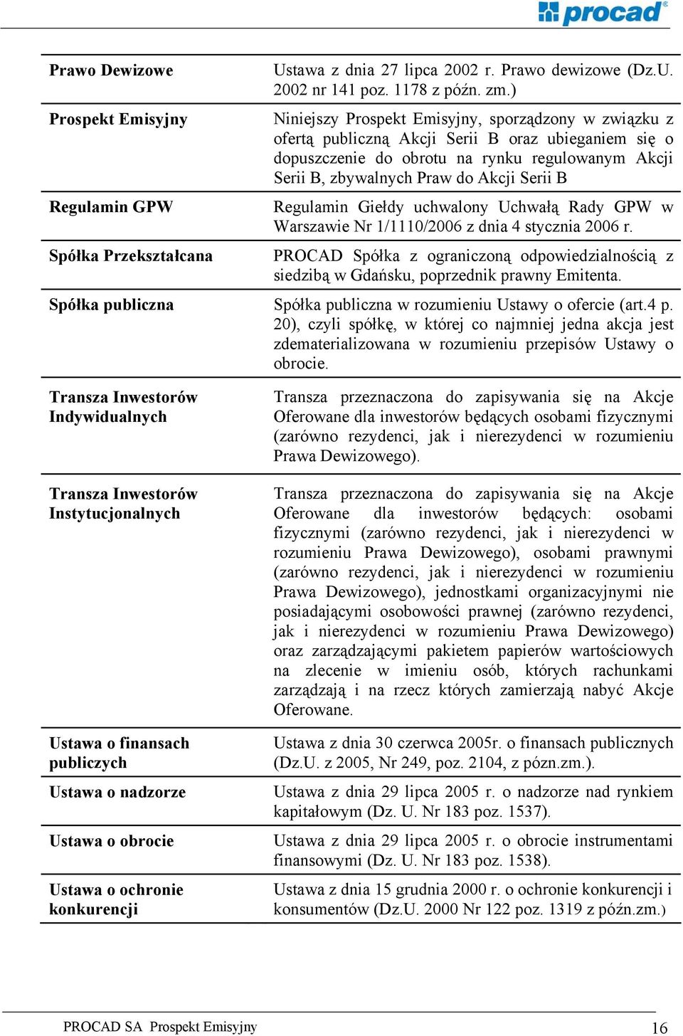 Regulamin Giełdy uchwalony Uchwałą Rady GPW w Warszawie Nr 1/1110/2006 z dnia 4 stycznia 2006 r. PROCAD Spółka z ograniczoną odpowiedzialnością z siedzibą w Gdańsku, poprzednik prawny Emitenta.