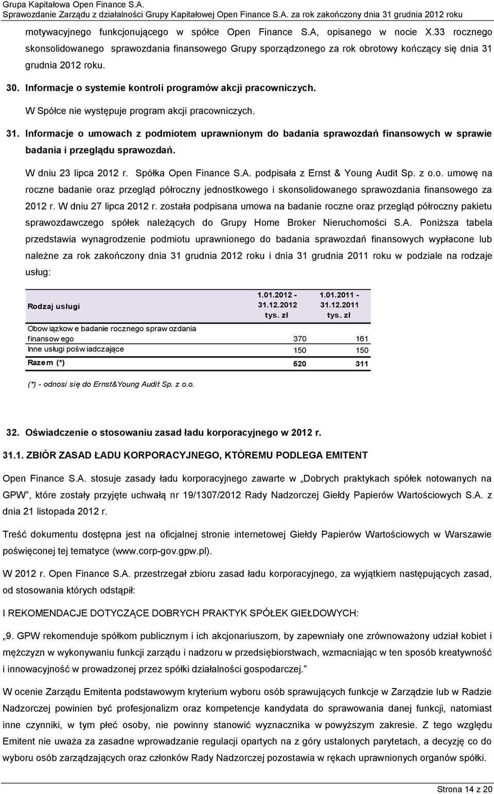 W Spółce nie występuje program akcji pracowniczych. 31. Informacje o umowach z podmiotem uprawnionym do badania sprawozdań finansowych w sprawie badania i przeglądu sprawozdań. W dniu 23 lipca 2012 r.