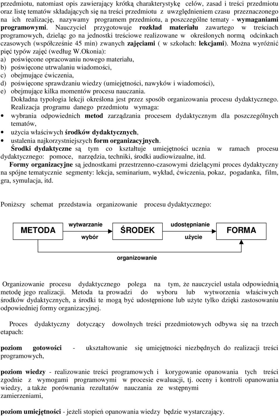 Nauczyciel przygotowuje rozkład materiału zawartego w treściach programowych, dzieląc go na jednostki treściowe realizowane w określonych normą odcinkach czasowych (współcześnie 45 min) zwanych