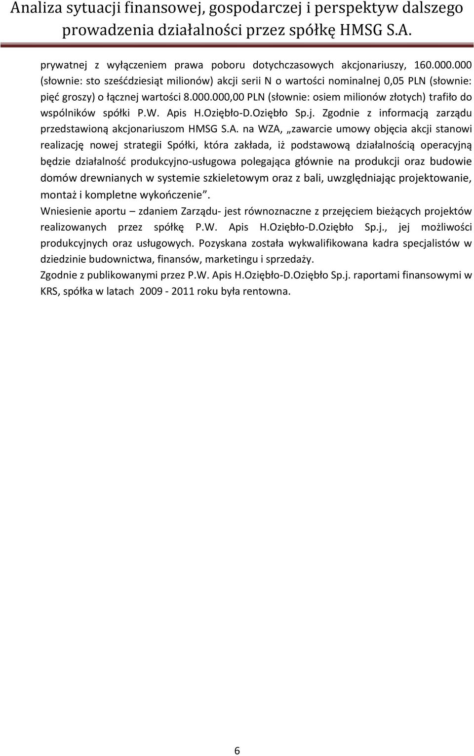 W. Apis H.Oziębło-D.Oziębło Sp.j. Zgodnie z informacją zarządu przedstawioną akcjonariuszom HMSG S.A. na WZA, zawarcie umowy objęcia akcji stanowi realizację nowej strategii Spółki, która zakłada, iż