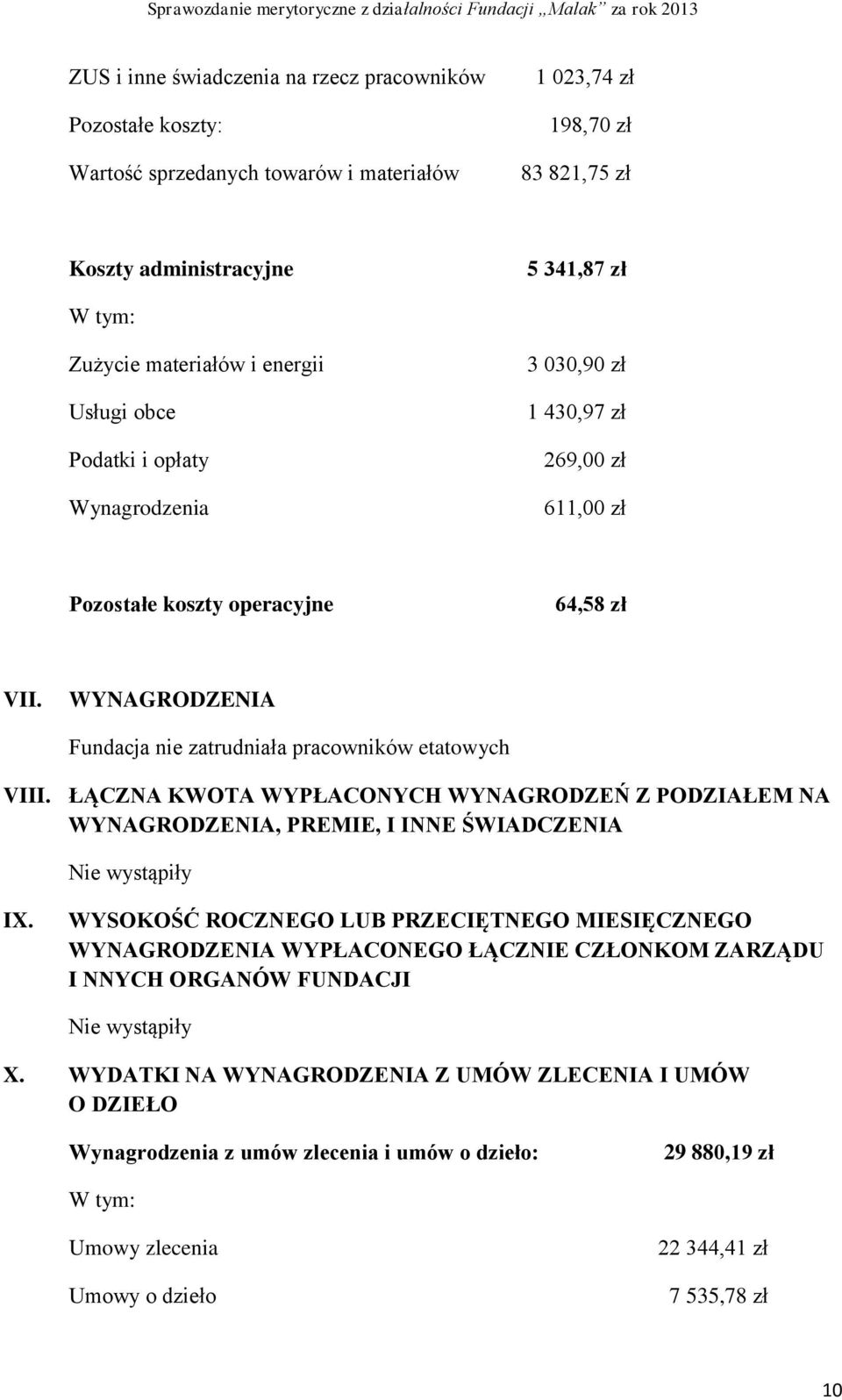 64,58 zł VII. WYNAGRODZENIA Fundacja nie zatrudniała pracowników etatowych VIII. ŁĄCZNA KWOTA WYPŁACONYCH WYNAGRODZEŃ Z PODZIAŁEM NA WYNAGRODZENIA, PREMIE, I INNE ŚWIADCZENIA Nie wystąpiły IX.