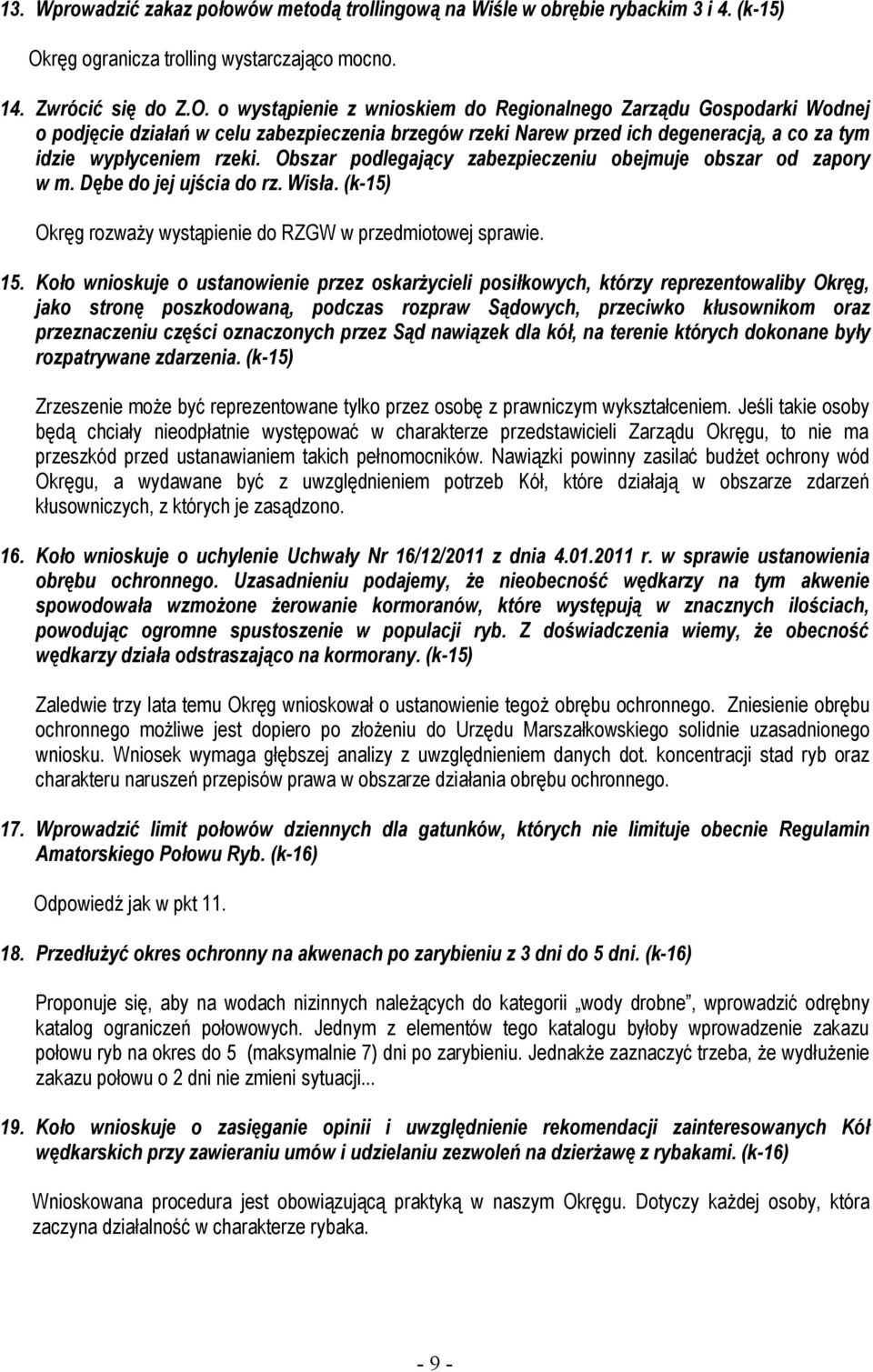 o wystąpienie z wnioskiem do Regionalnego Zarządu Gospodarki Wodnej o podjęcie działań w celu zabezpieczenia brzegów rzeki Narew przed ich degeneracją, a co za tym idzie wypłyceniem rzeki.