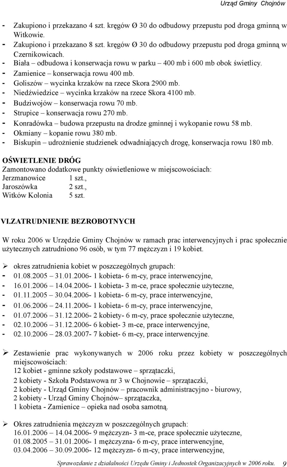 Budziwojów konserwacja rowu 7 mb. Strupice konserwacja rowu 7 mb. Konradówka budowa przepustu na drodze gminnej i wykopanie rowu 58 mb. Okmiany kopanie rowu 38 mb.