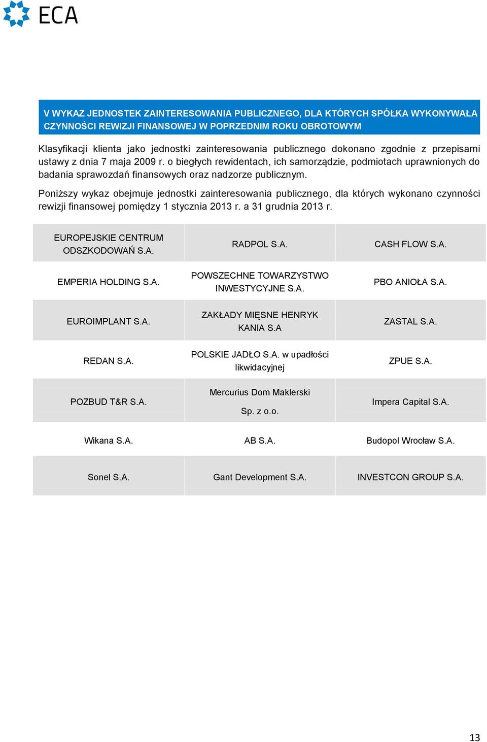 Poniższy wykaz obejmuje jednostki zainteresowania publicznego, dla których wykonano czynności rewizji finansowej pomiędzy 1 stycznia 2013 r. a 31 grudnia 2013 r. EUROPEJSKIE CENTRUM ODSZKODOWAŃ