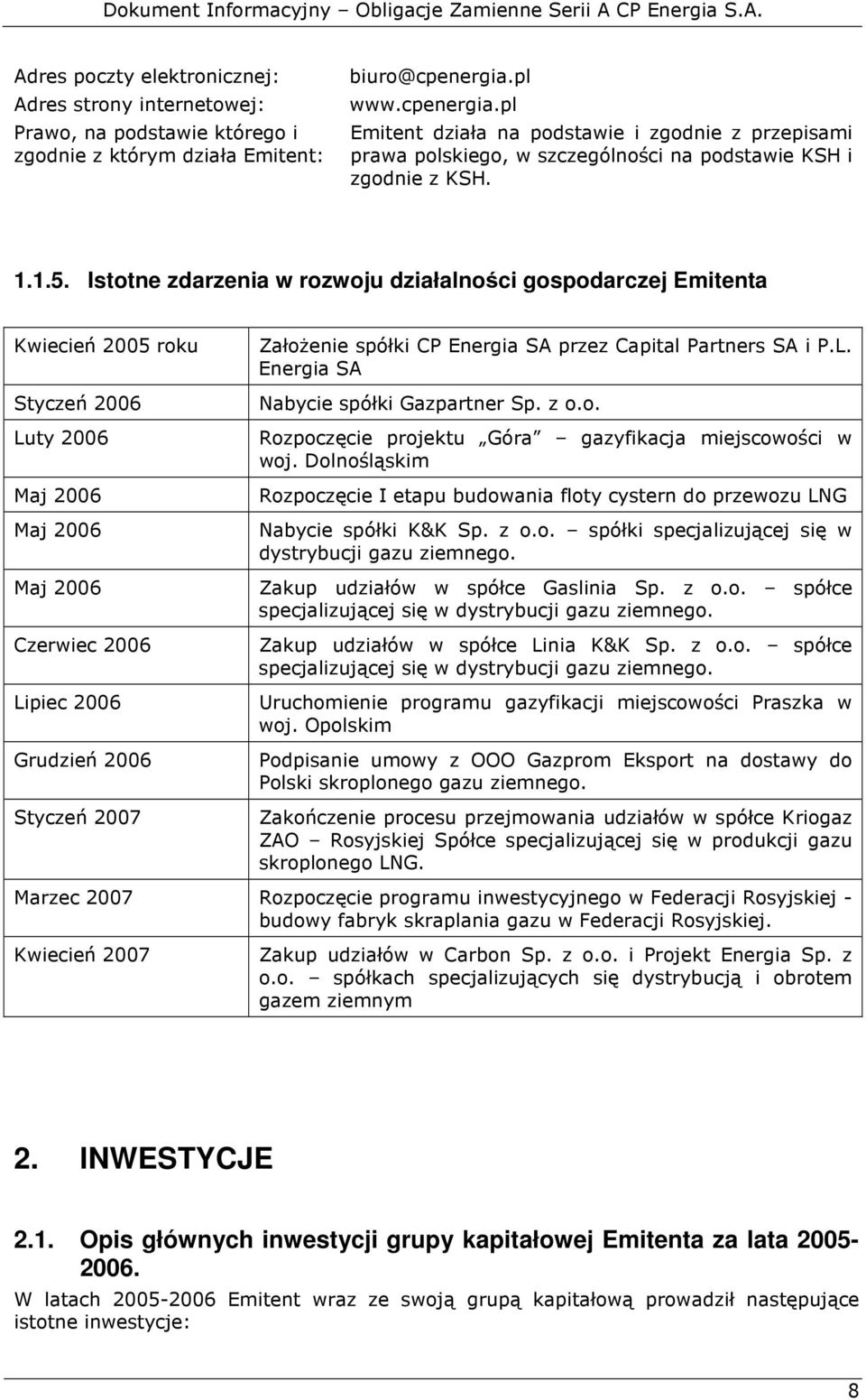 Istotne zdarzenia w rozwoju działalności gospodarczej Emitenta Kwiecień 2005 roku Styczeń 2006 Luty 2006 Maj 2006 Maj 2006 Maj 2006 Czerwiec 2006 Lipiec 2006 Grudzień 2006 Styczeń 2007 ZałoŜenie