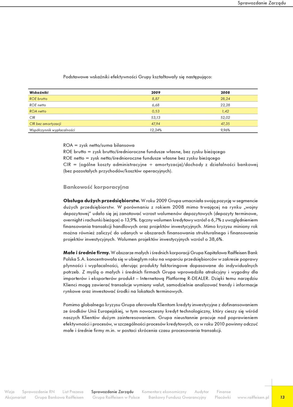 netto/średnioroczne fundusze własne bez zysku bieżącego CIR = (ogólne koszty administracyjne + amortyzacja)/dochody z działalności bankowej (bez pozostałych przychodów/kosztów operacyjnych).