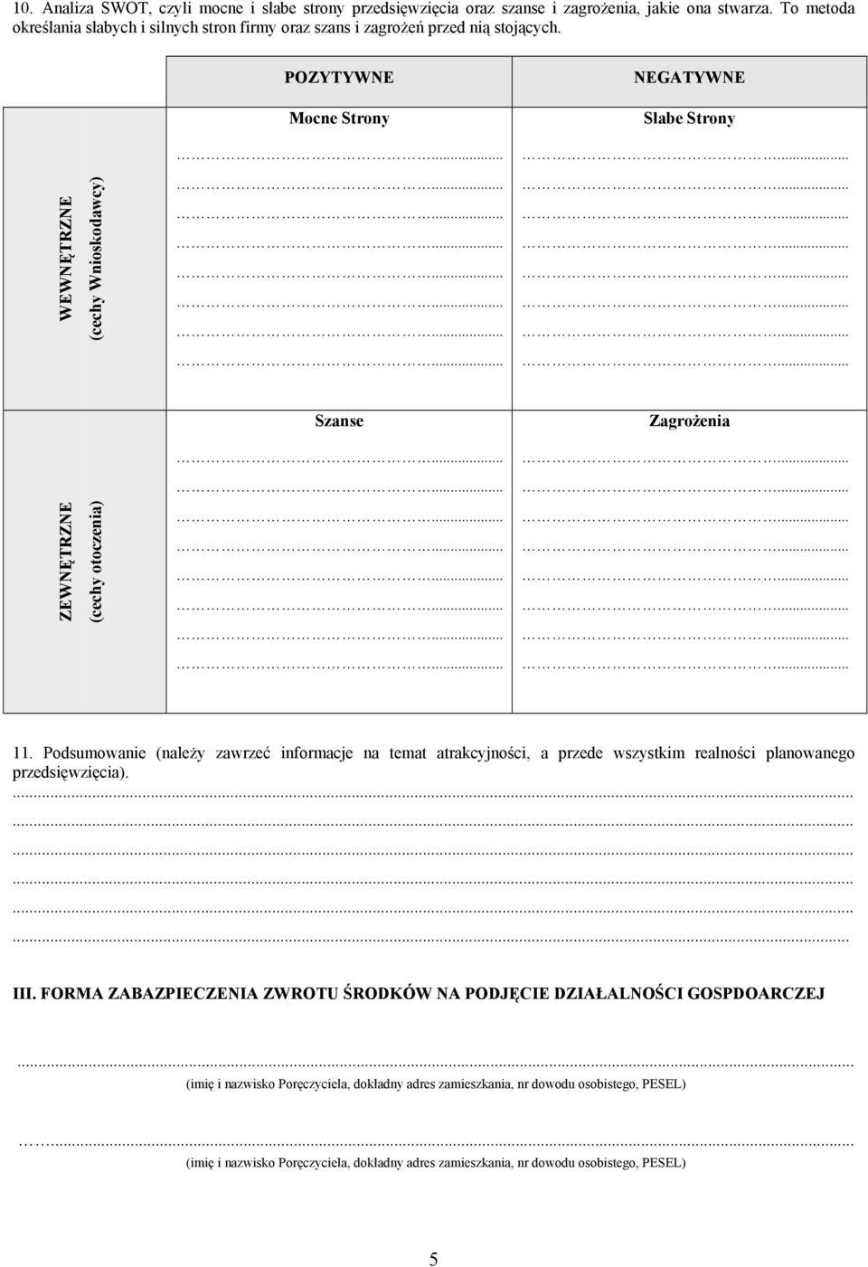POZYTYWNE NEGATYWNE Mocne Strony Słabe Strony WEWNĘTRZNE (cechy Wnioskodawcy) Szanse Zagrożenia ZEWNĘTRZNE (cechy otoczenia) 11.