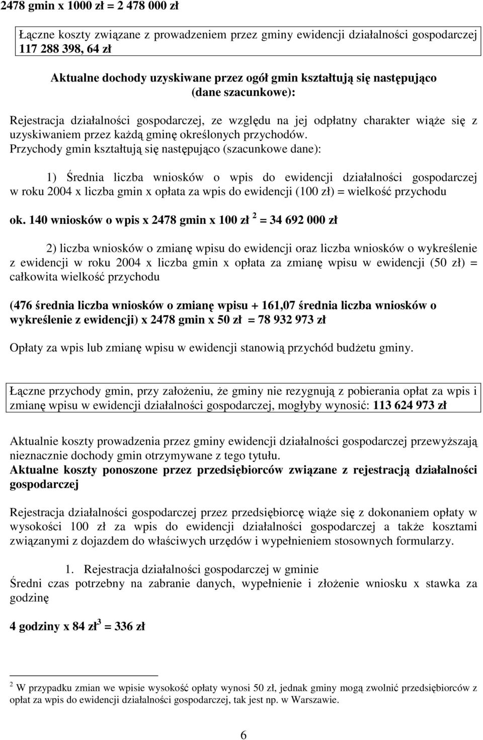 Przychody gmin kształtują się następująco (szacunkowe dane): 1) Średnia liczba wniosków o wpis do ewidencji działalności gospodarczej w roku 2004 x liczba gmin x opłata za wpis do ewidencji (100 zł)