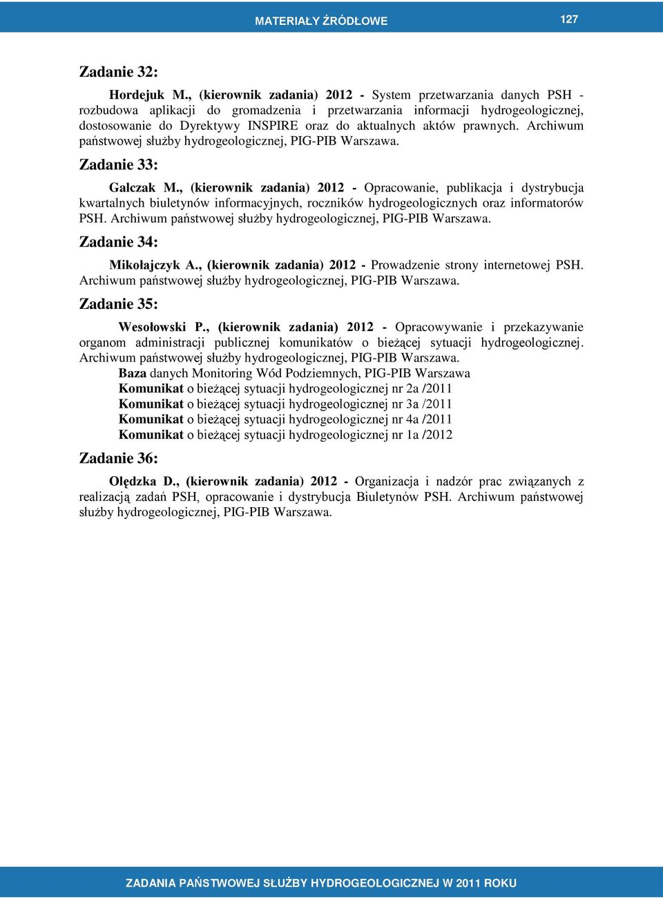 aktów prawnych. Archiwum państwowej służby hydrogeologicznej, PIG-PIB Warszawa. Zadanie 33: Galczak M.