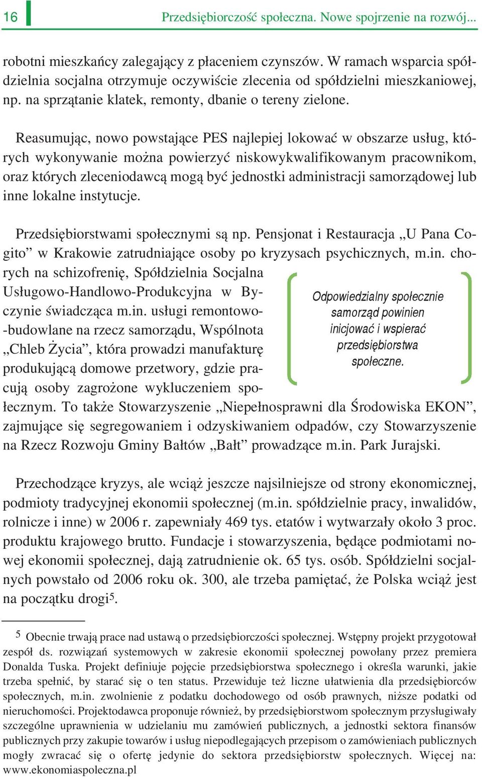 Reasumując, nowo powstające PES najlepiej lokować w obszarze usług, któ rych wykonywanie można powierzyć niskowykwalifikowanym pracownikom, oraz których zleceniodawcą mogą być jednostki administracji