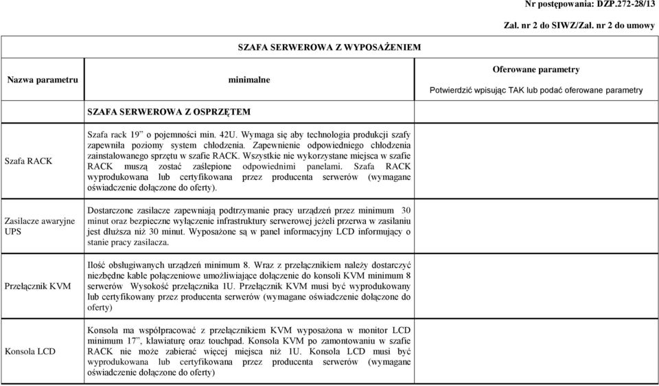 Wymaga się aby technologia produkcji szafy zapewniła poziomy system chłodzenia. Zapewnienie odpowiedniego chłodzenia zainstalowanego sprzętu w szafie RACK.
